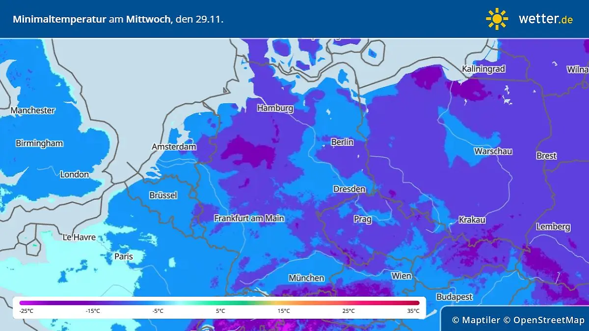 Die Grafik zeigt die Tiefstwerte am Mittwochmorgen, 29.11.2023