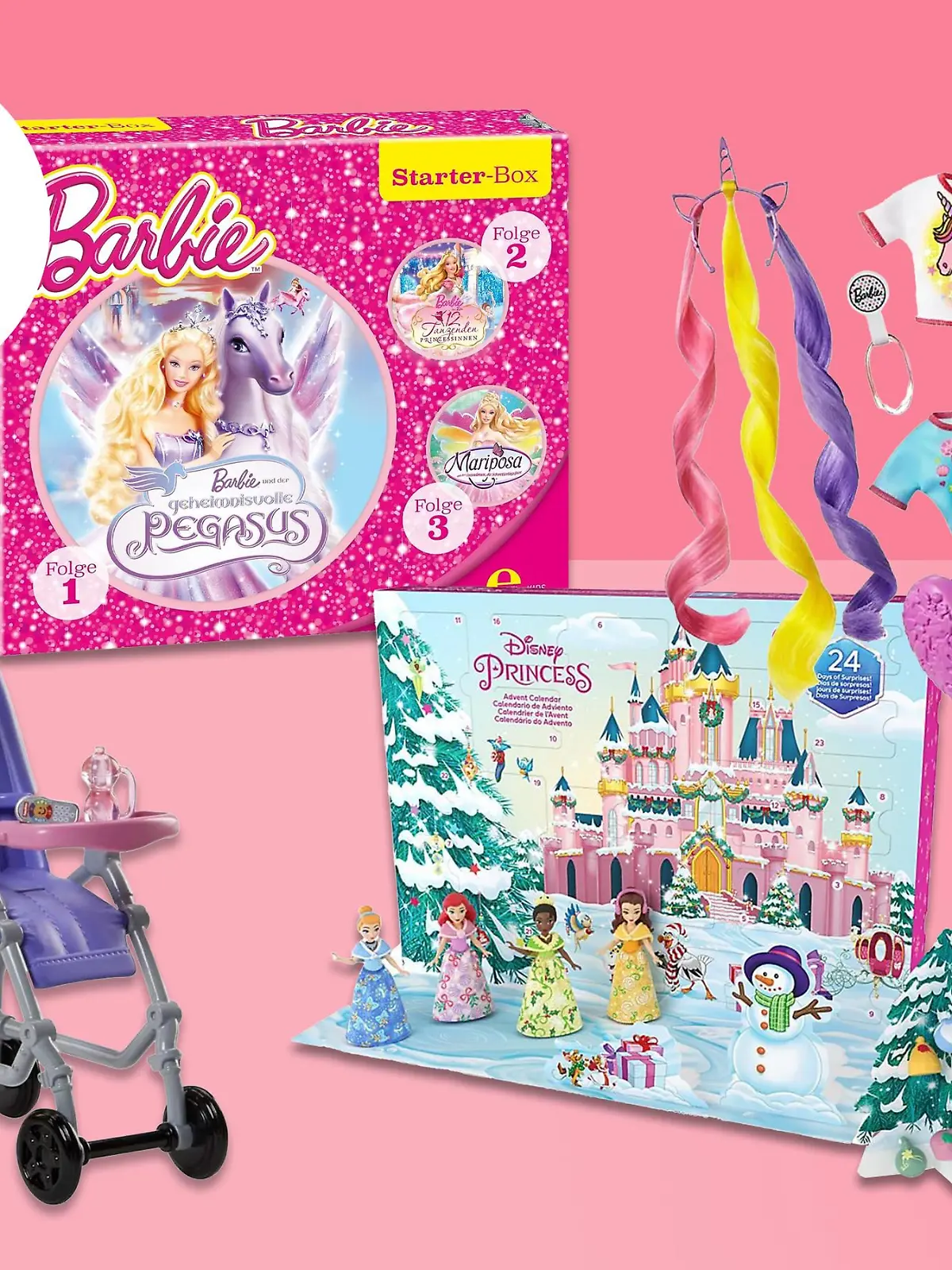 Verschiedene Barbie-Produkte in einer Collage.