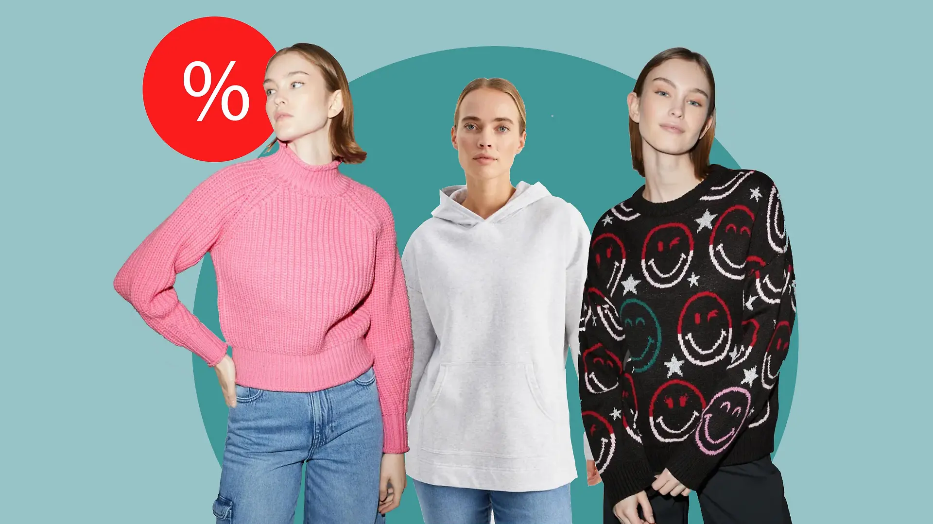Models im Hoodie und Strickpullovern.