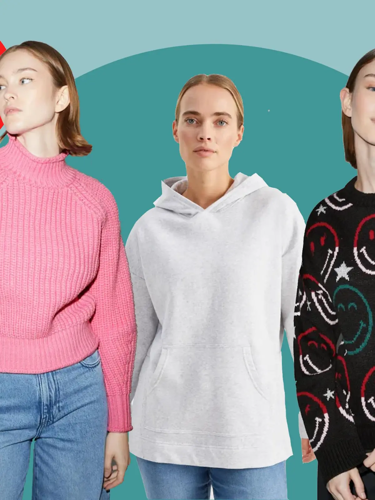 Models im Hoodie und Strickpullovern.