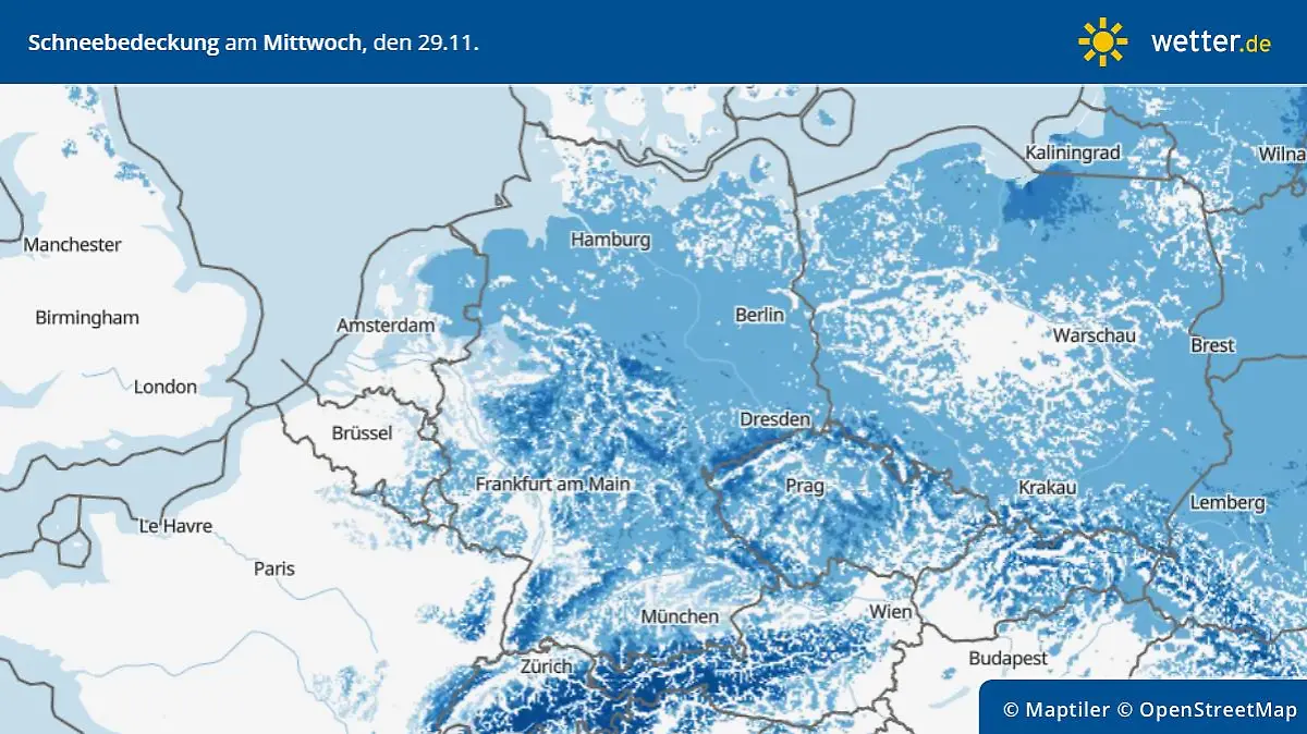 Die Grafik zeigt die Schneebedeckung am Mittwoch, 29.11.2023