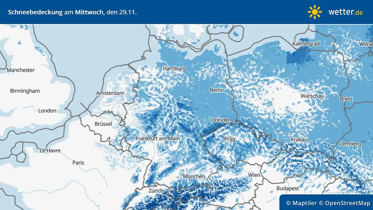 Die Grafik zeigt die Schneebedeckung am Donnerstag, 29.11.2023