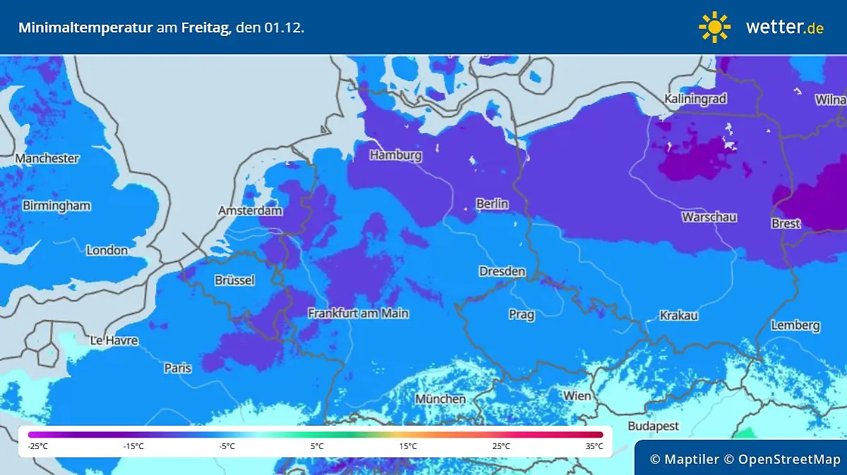 Die Grafik zeigt die Tiefstwerte in der Nacht zu Freitag, den 01.12.2023
