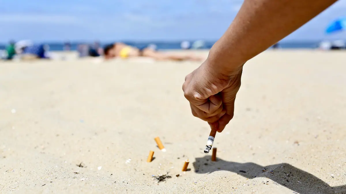 Smoke on the beach Arcachon south-western France: a man extinguishes his cigarette butt on the beach by burying it in the sand Nouvelle-Aquitaine Aquitaine Gironde 33 Arcachon Europe Western Europe France PUBLICATIONxNOTxINxFRA Copyright: xPerrogonxF/Andia.frx 369556 
