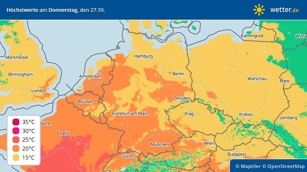 Wetterprognose Deutschland - Höchstwerte für Donnerstag, 27. Oktober 2022