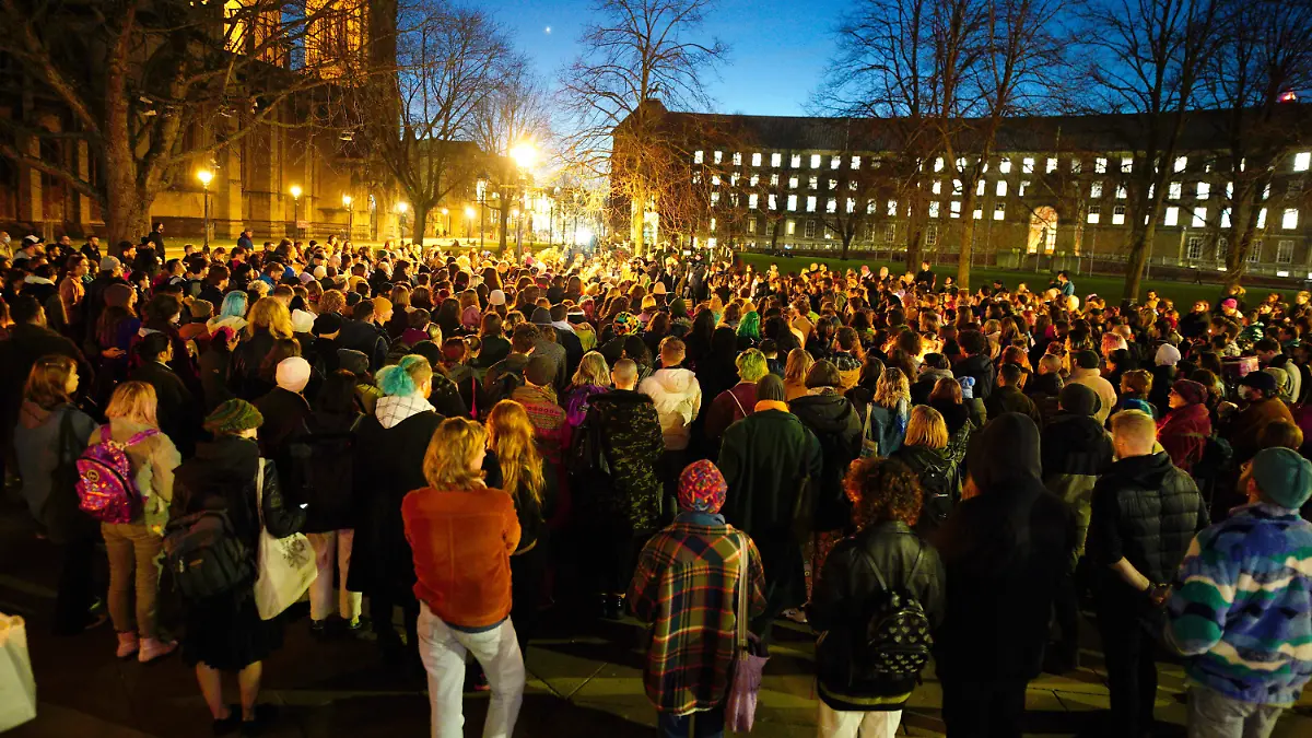 Brianna Ghey death. Members of the public attend a candle-lit vigil at College Green in Bristol city centre in memory of transgender teenager Brianna Ghey, who was fatally stabbed in a park on Saturday. The 16-year-old from Birchwood in Warrington, Cheshire, was found by members of the public as she lay wounded on a path in Linear Park, Culcheth. Picture date: Tuesday February 14, 2023. The victim, who had a large following on social media site TikTok, was a transgender girl but police said there is no evidence to suggest her death was a hate crime. Vigils organised by members of the transgender community are due to be held in cities such as London, Glasgow, Leeds and Belfast - with events in Liverpool and Bristol due to take place on Tuesday evening. See PA story POLICE Warrington. Photo credit should read: Ben Birchall/PA Wire URN:70993312