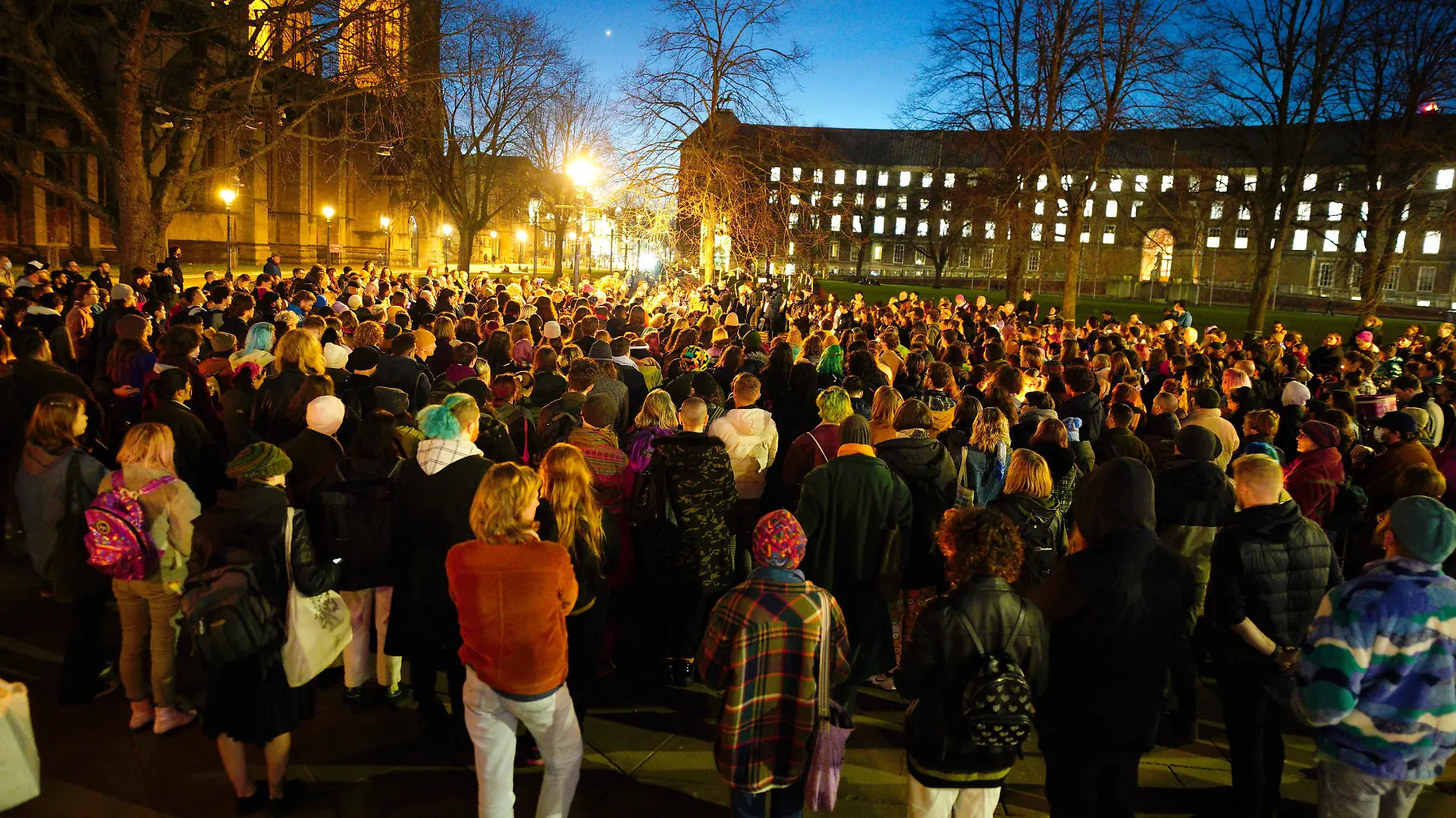 Brianna Ghey death. Members of the public attend a candle-lit vigil at College Green in Bristol city centre in memory of transgender teenager Brianna Ghey, who was fatally stabbed in a park on Saturday. The 16-year-old from Birchwood in Warrington, Cheshire, was found by members of the public as she lay wounded on a path in Linear Park, Culcheth. Picture date: Tuesday February 14, 2023. The victim, who had a large following on social media site TikTok, was a transgender girl but police said there is no evidence to suggest her death was a hate crime. Vigils organised by members of the transgender community are due to be held in cities such as London, Glasgow, Leeds and Belfast - with events in Liverpool and Bristol due to take place on Tuesday evening. See PA story POLICE Warrington. Photo credit should read: Ben Birchall/PA Wire URN:70993312