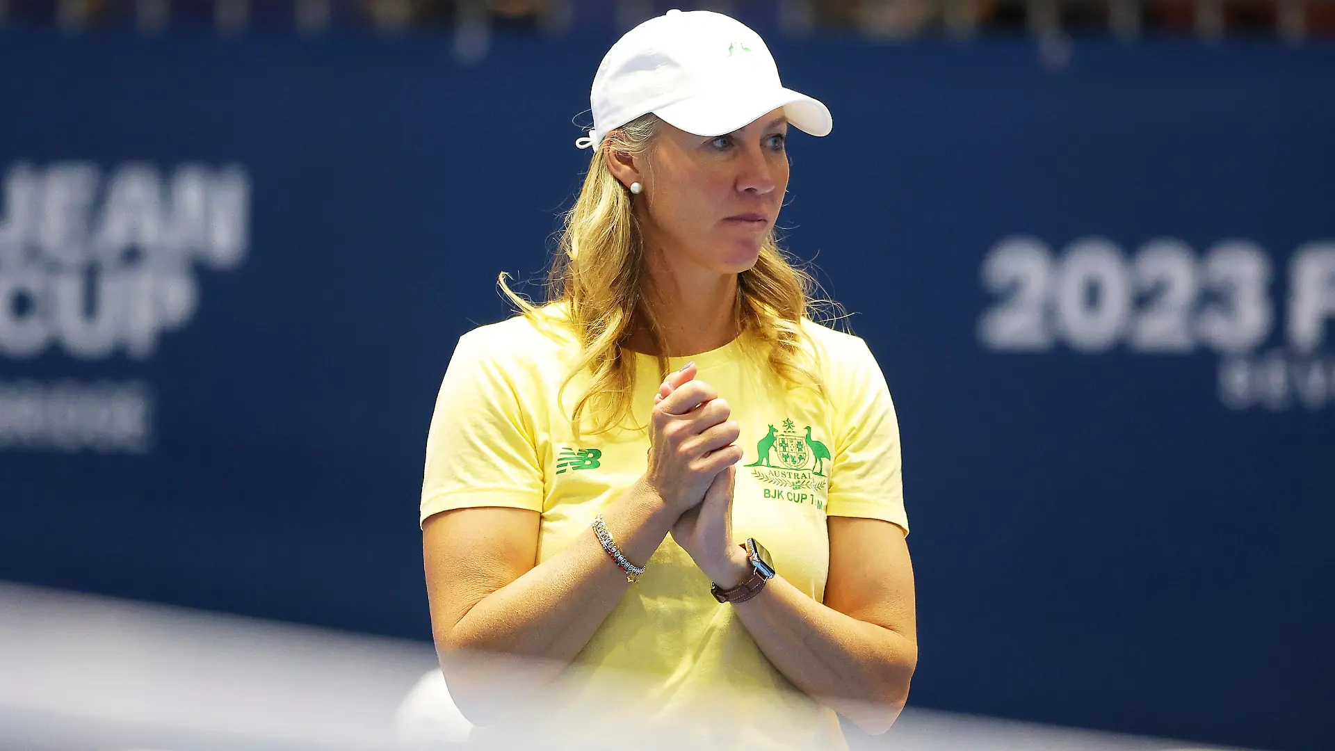 SEVILLE, SPAIN - NOVEMBER 07: Alicia Molik, captain of Team Australia reacts during the Billie Jean King Cup Finals group stage match between Australia and Slovenia at Estadio de La Cartuja on November 07, 2023 in Seville, Spain. (Photo by Fran Santiago/Getty Images for ITF)