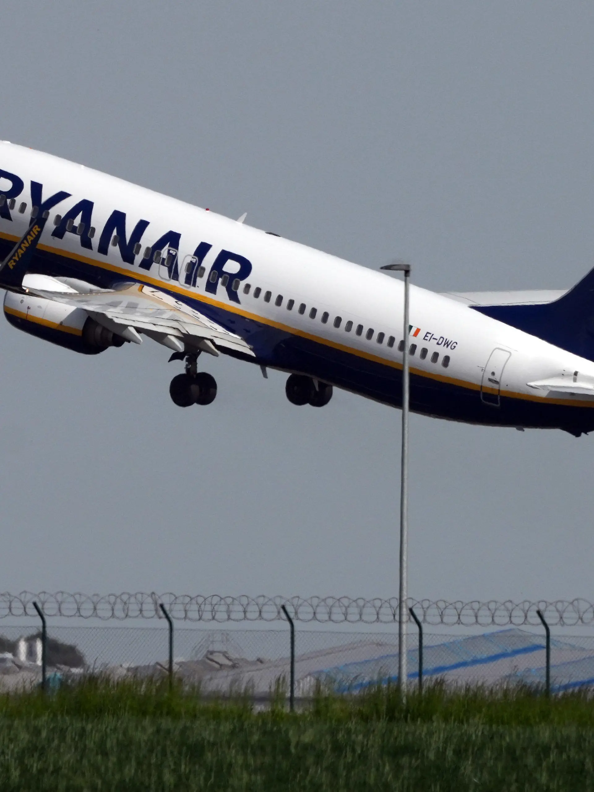 ARCHIV - 22.05.2023, Berlin, Schönefeld: Eine Boeing 737 der Fluggesellschaft Ryanair startet hinter einer grünen Wiese vom Flughafen Berlin Brandenburg (BER) «Willy Brandt». (zu dpa «Ryanair erwartet Gewinnsprung und plant regelmäßige Dividenden») Foto: Soeren Stache/dpa +++ dpa-Bildfunk +++
