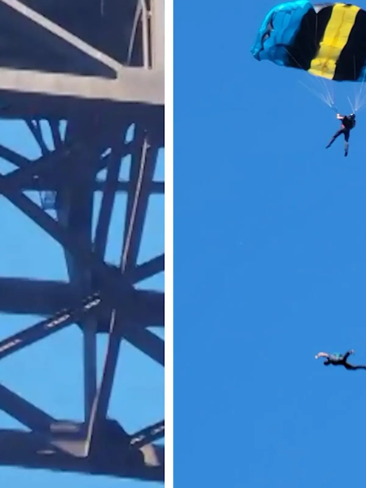 Diese Basejumper kollidieren während eines Sprunges in der Luft. Einer der Springer fällt daraufhin ungebremst in die Tiefe. Die spannenden Bilder sehen Sie im Video.