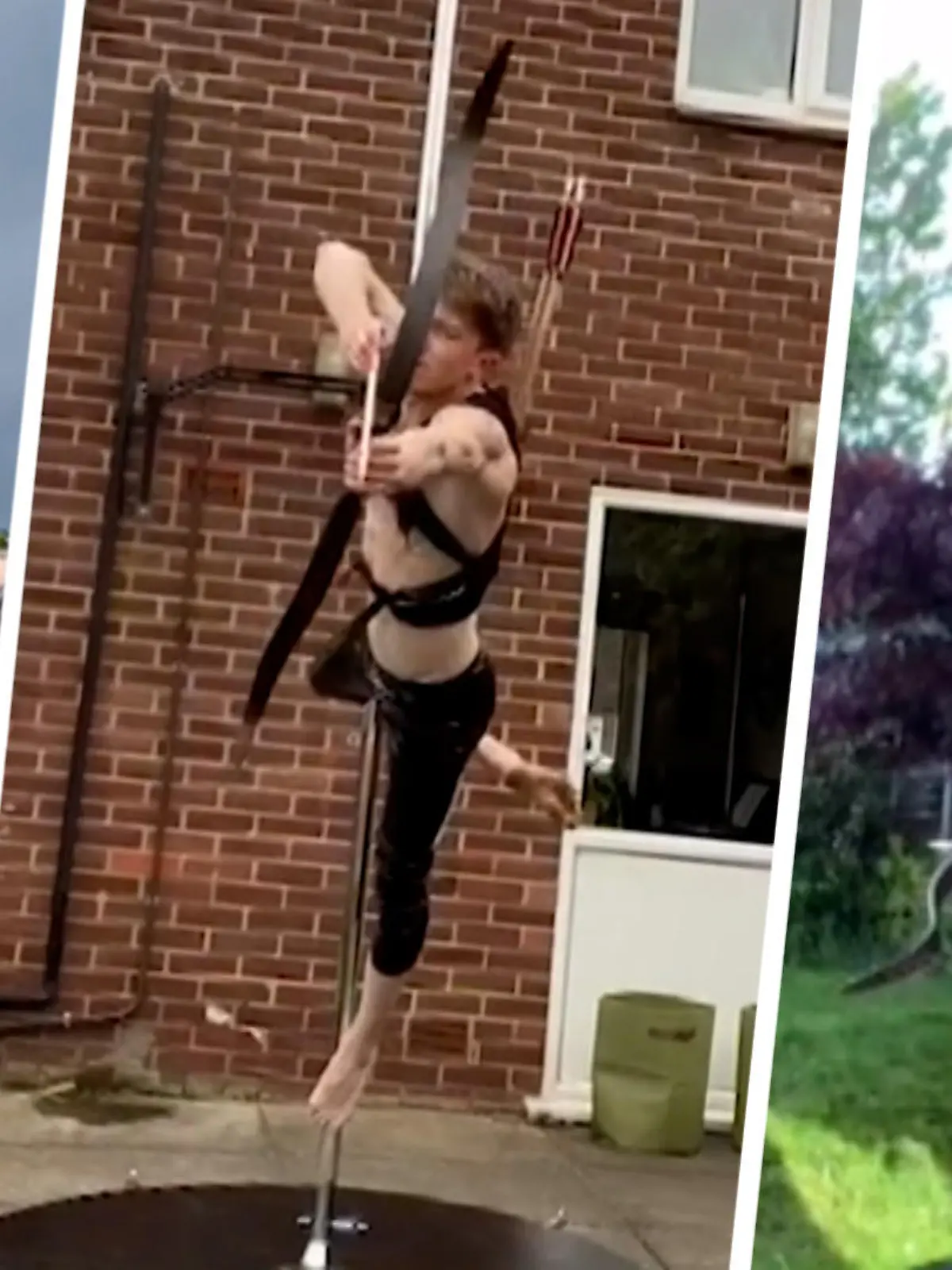 Dieser Vater hat ordentlich Wumms! David aus Leeds in England übt regelmäßig an seiner Poledancestange im eigenen Garten. Dabei tanzt er nicht nur an der Stange - er schießt sogar noch mit Pfeil und Bogen.