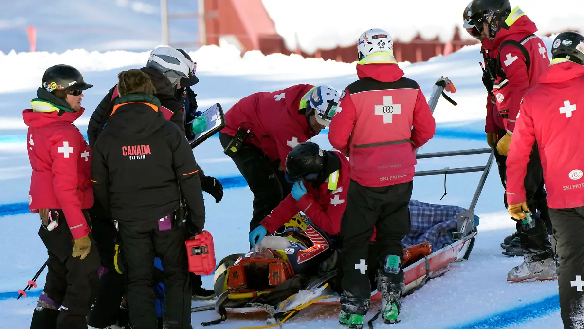 Nov 29, 2023; Avon, Colorado, USA; Ski patrol tend to Broderick Thompson of Canada after an injury during a training run at Beaver Creek. Mandatory Credit: Michael Madrid-USA TODAY Sports