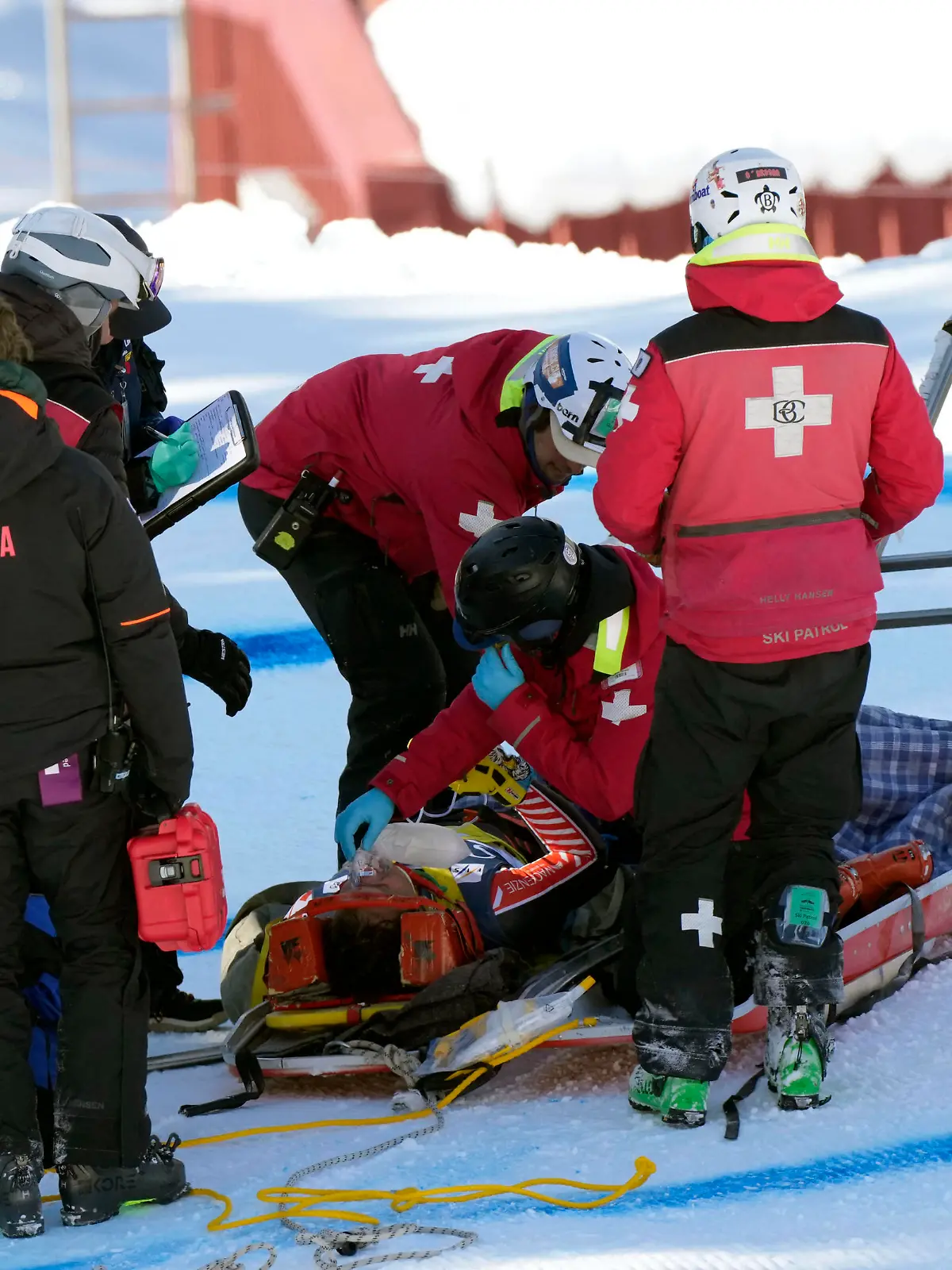 Nov 29, 2023; Avon, Colorado, USA; Ski patrol tend to Broderick Thompson of Canada after an injury during a training run at Beaver Creek. Mandatory Credit: Michael Madrid-USA TODAY Sports