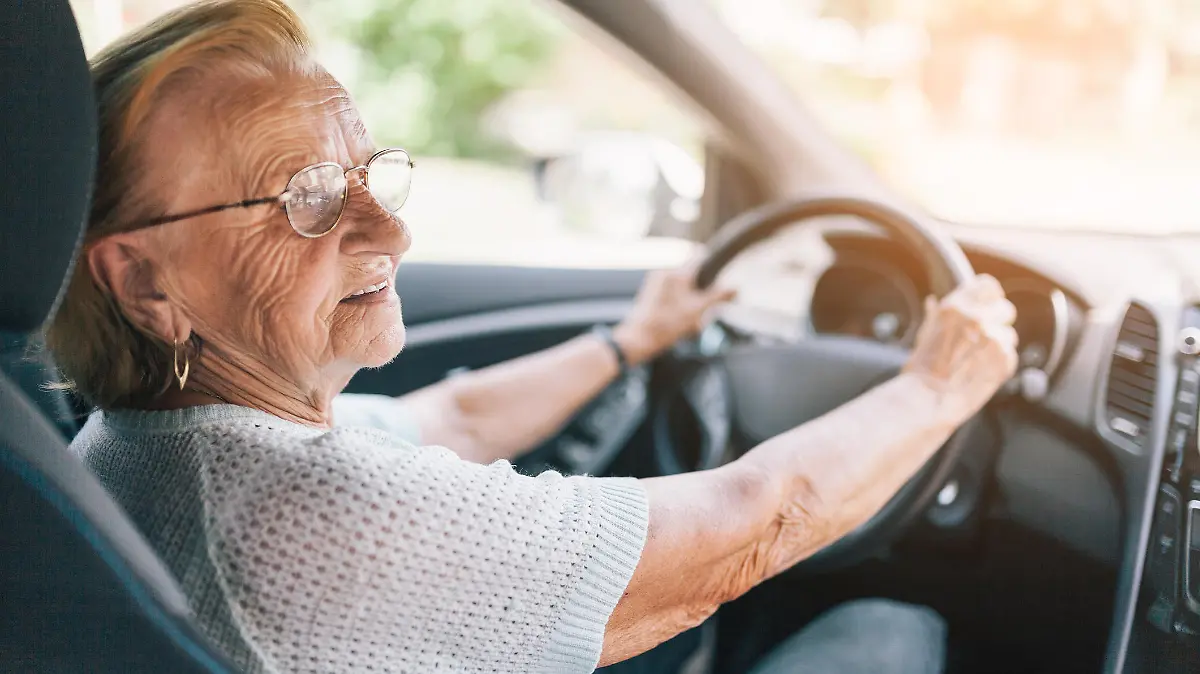 Elderly woman behind the steering wheel of a car