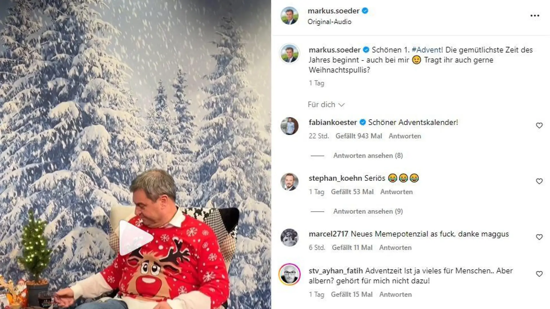 Markus Söder bei seiner Adventsbotschaft auf Instagram.