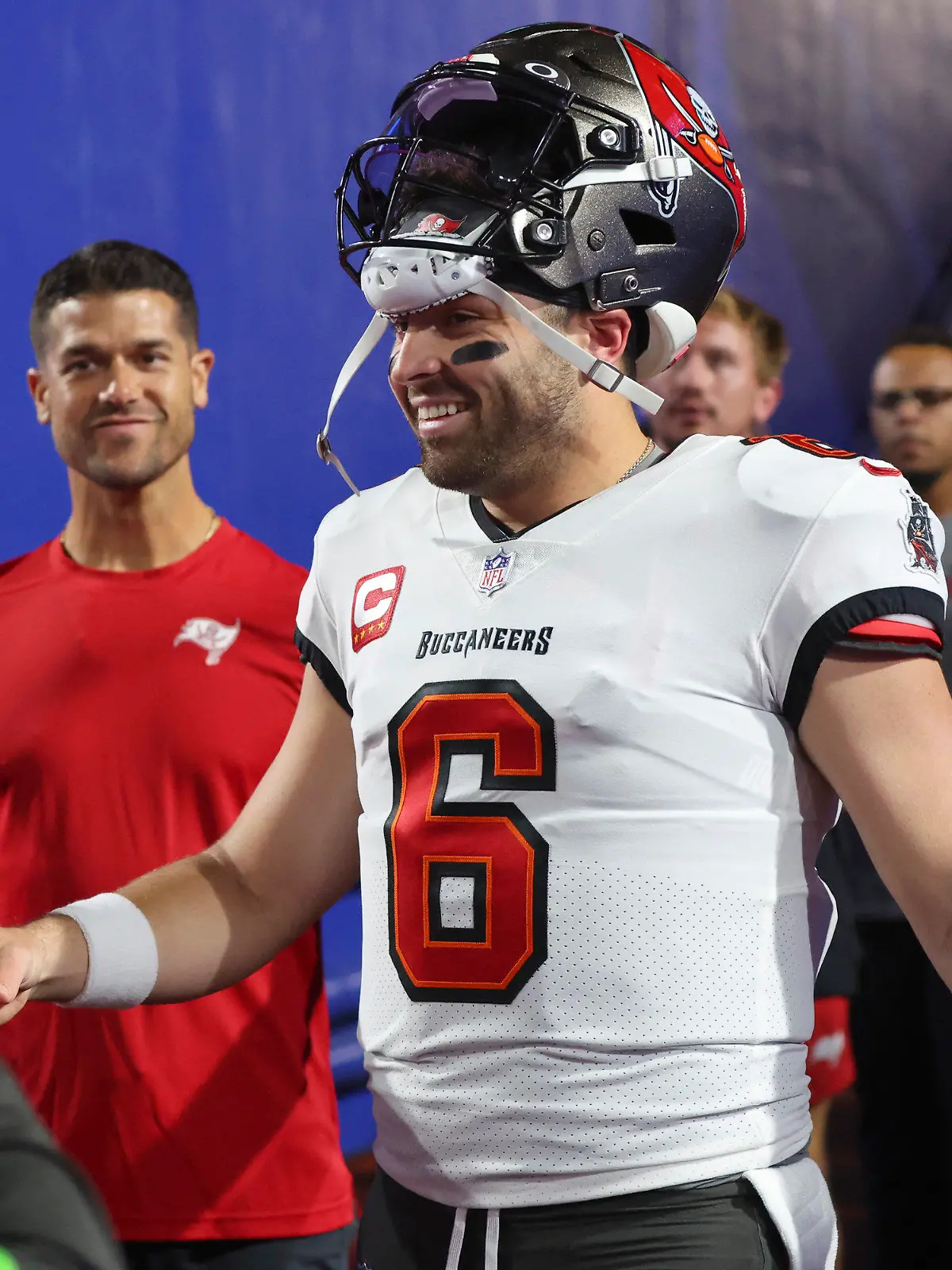 Tampa Bay Buccaneers quarterback Baker Mayfield (6) walks to the field before an NFL football game against the Buffalo Bills, Thursday, Oct. 26, 2023, in Orchard Park, N.Y. (AP Photo/Jeffrey T. Barnes)