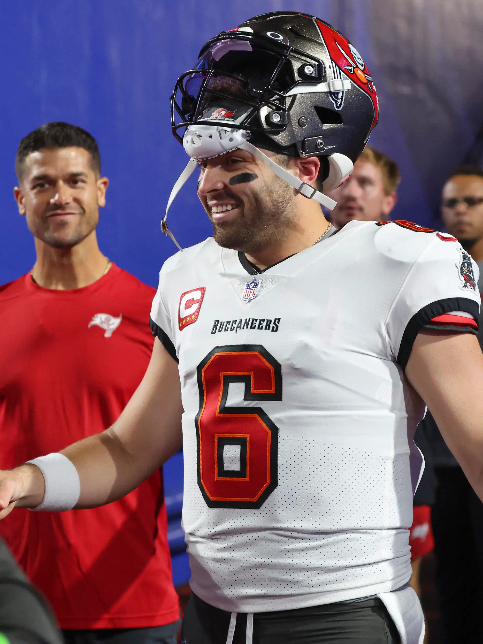 Tampa Bay Buccaneers quarterback Baker Mayfield (6) walks to the field before an NFL football game against the Buffalo Bills, Thursday, Oct. 26, 2023, in Orchard Park, N.Y. (AP Photo/Jeffrey T. Barnes)
