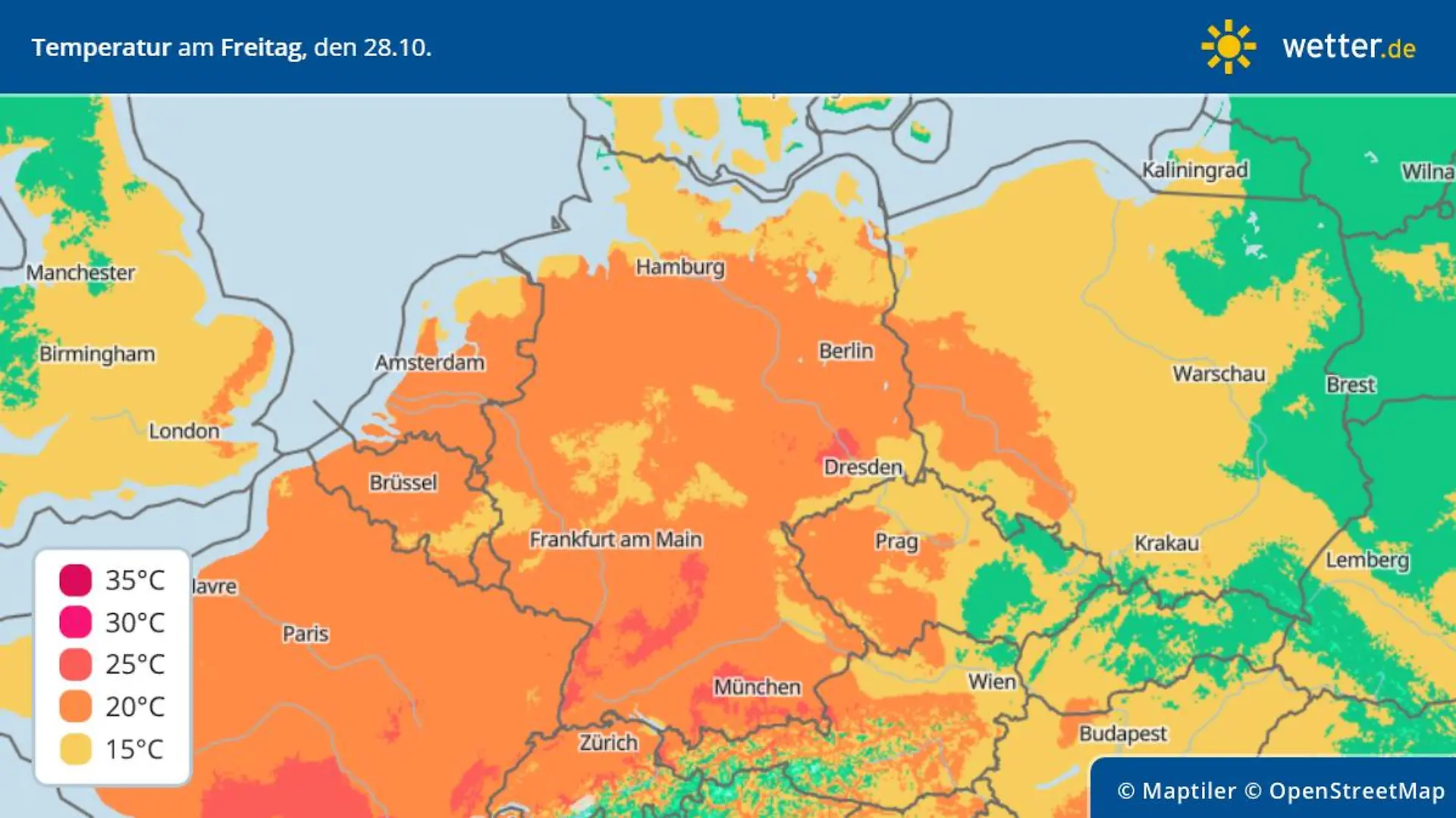 Die Grafik zeigt die Höchstwerte in Deutschland für Freitag, 28.10.2022