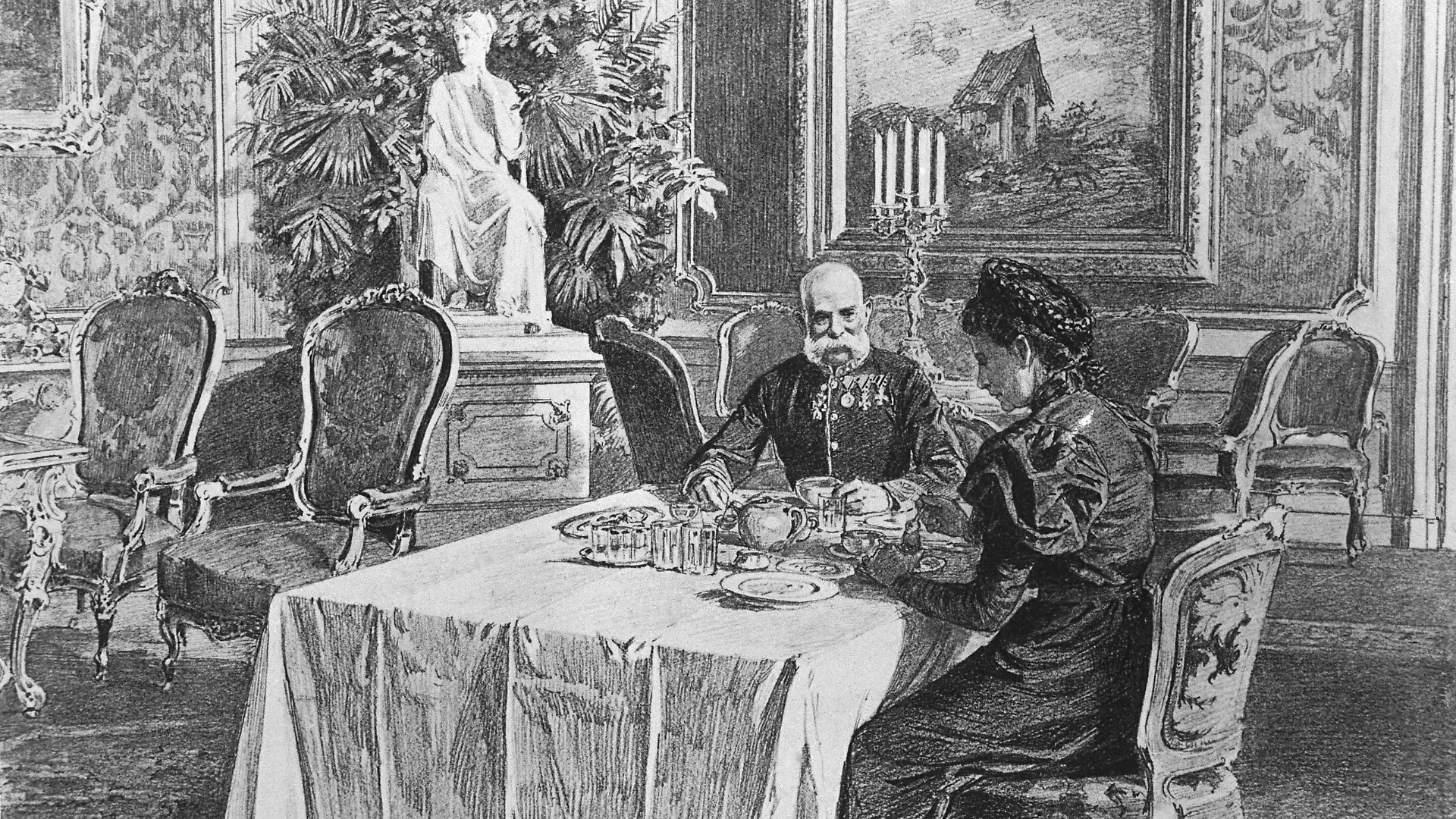 Kaiser Franz Joseph I. und Kaiserin Elisabeth beim Frühstück im Salon Ihrer Majestät in der Wiener Hofburg. Zeitungsholzstich nach Zeichnung von Theo Zasche um 1890