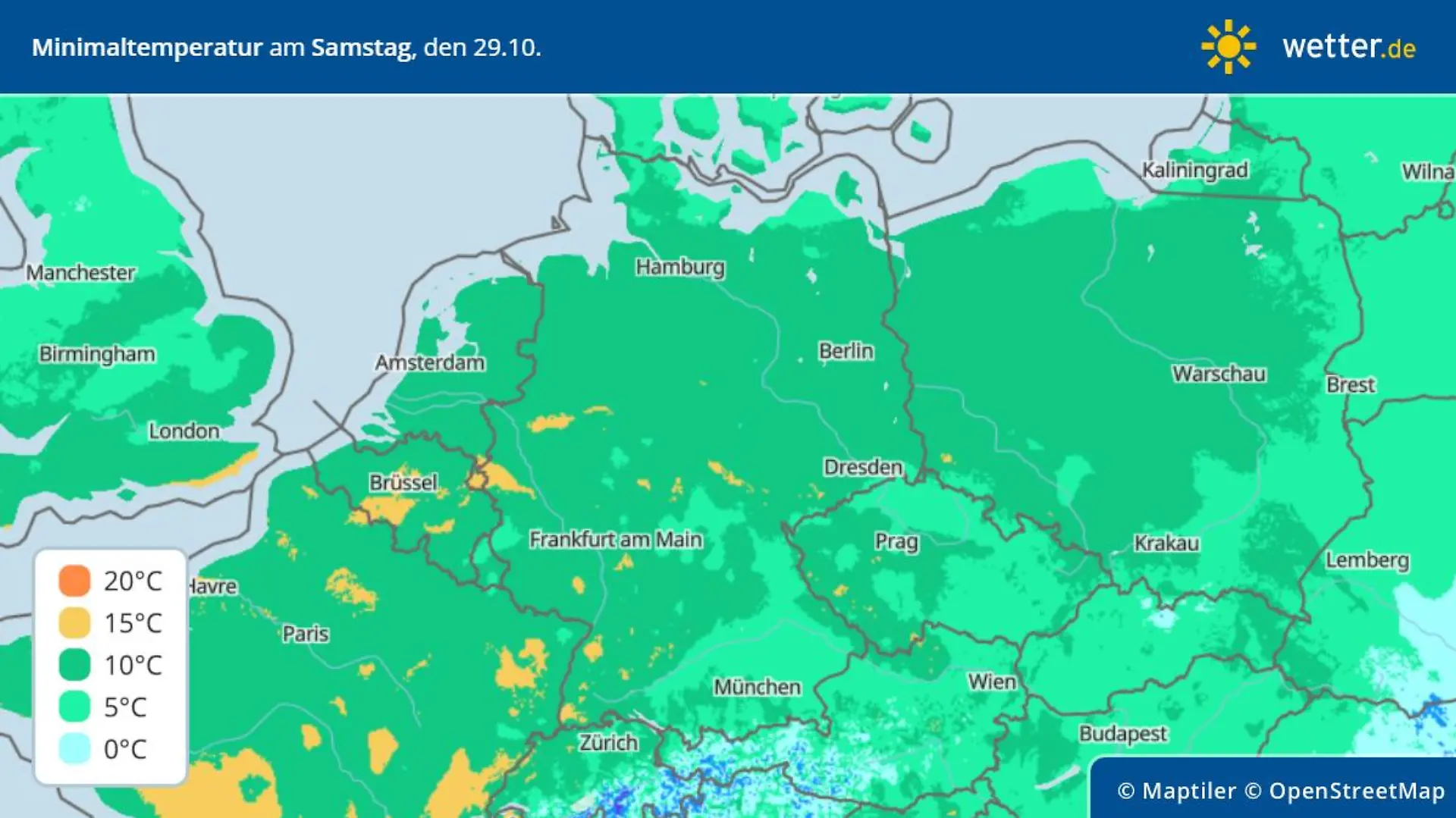 Die Grafik zeigt die Tiefstwerte von Samstagmorgen, 29.10.2022