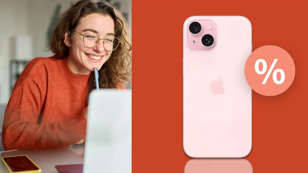 Frau, die auf einen Bildschirm schaut und in einer Collage mit dem iPhone 15 ist.
