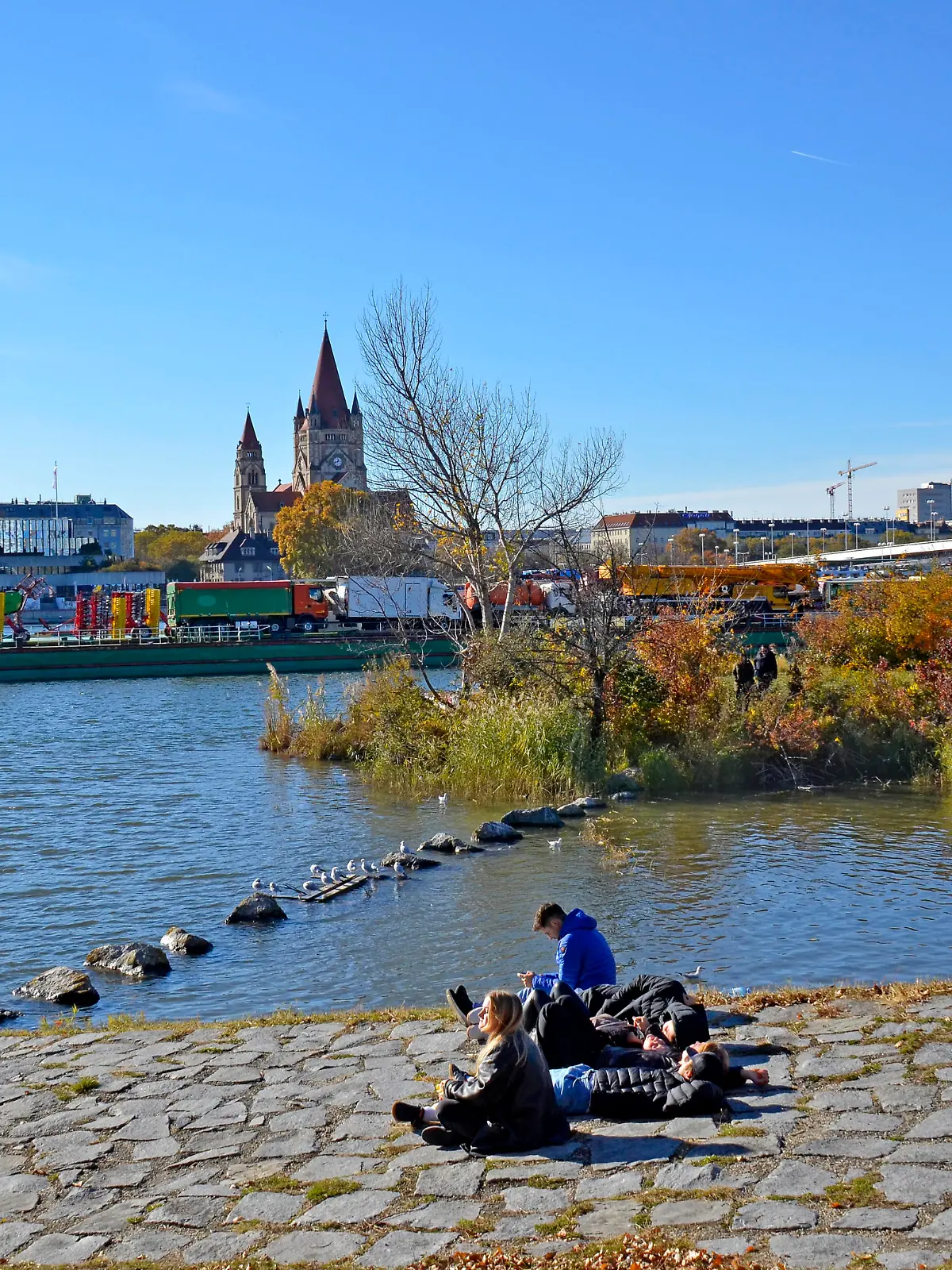 Die Wiener Donau bei der Reichsbrücke, Jugendliche sitzen auf der Donauinsel in der Sonne, ein Frachtkahn fahrt vorbei, Herbst, herbstlich, Wien, Österreich . - 20211107_PD20248