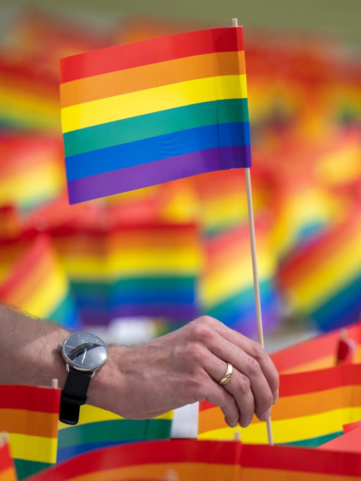 Ein Mann hält ein Regenbogenfähnchen in der Hand.