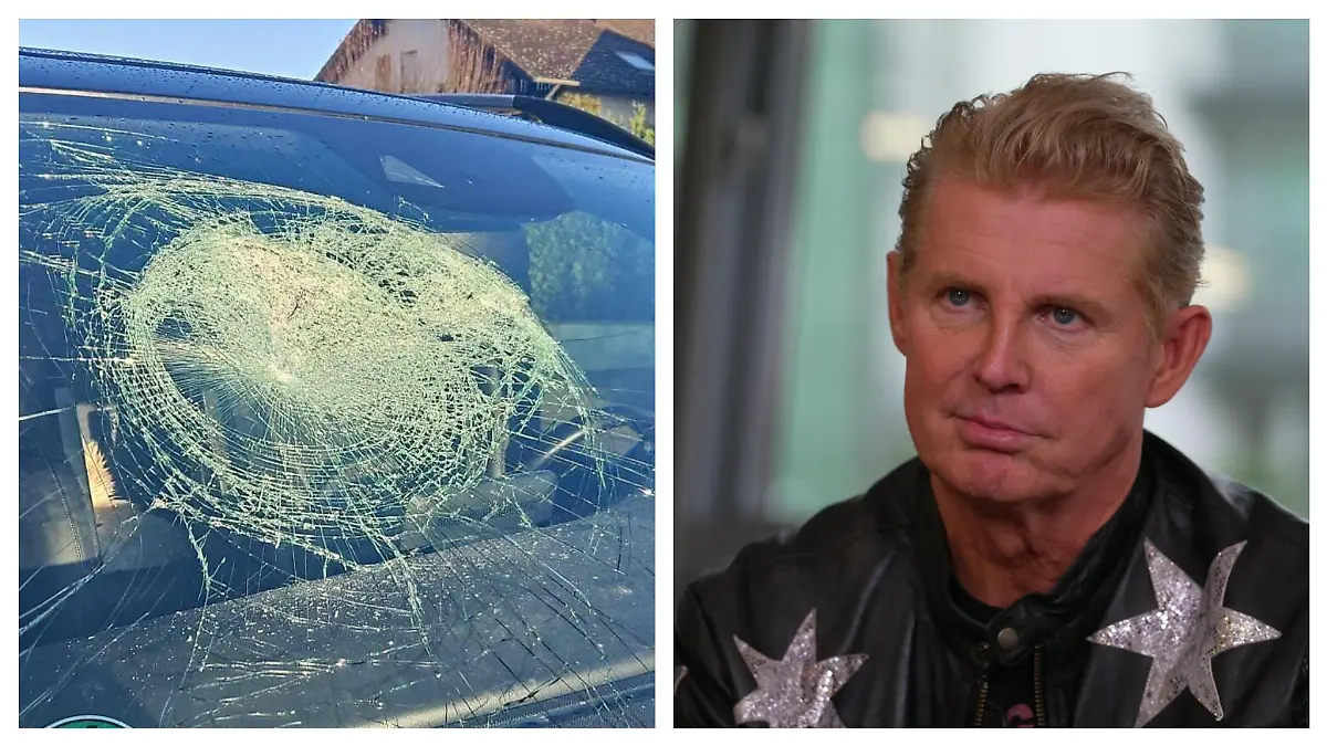 Eine eingeschlagene Autoscheibe und Markus Mörl in einer Collage.