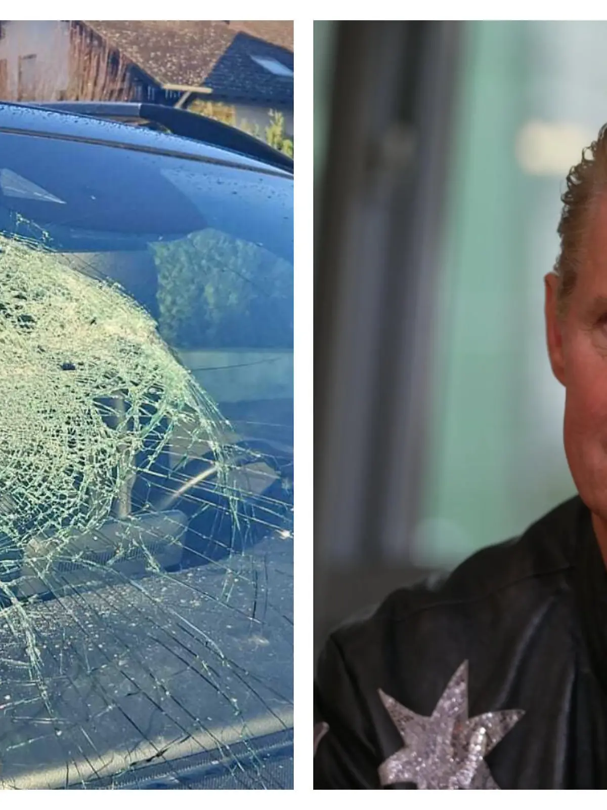 Eine eingeschlagene Autoscheibe und Markus Mörl in einer Collage.