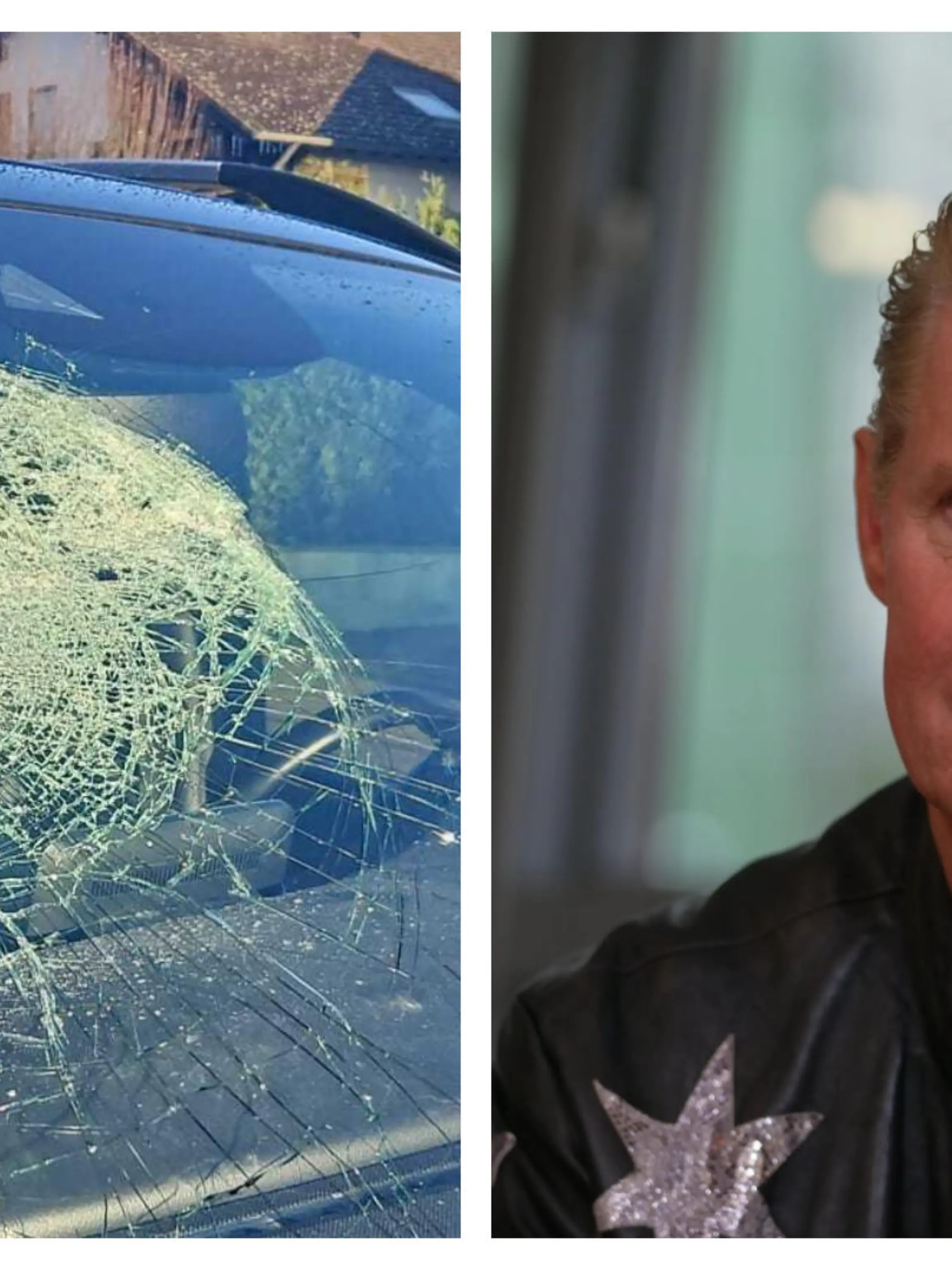 Eine eingeschlagene Autoscheibe und Markus Mörl in einer Collage.
