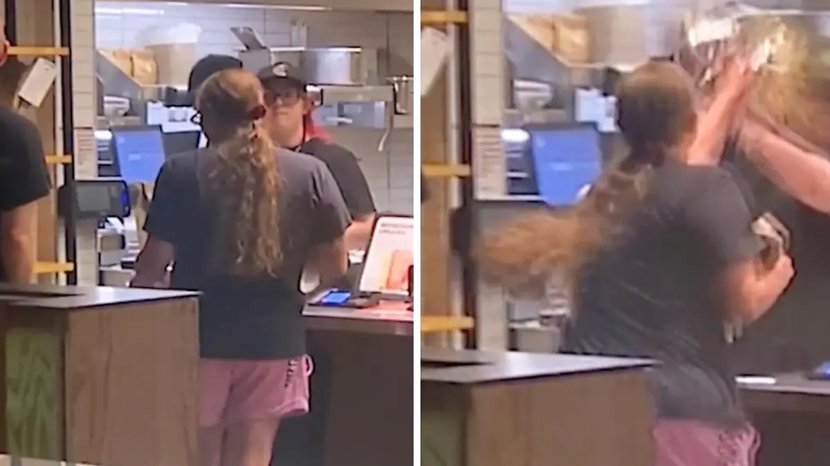 Emily Russell bedient eine Kundin in einer Fast-Food-Kette, als diese plötzlich ihre Burrito-Bowl ins Russells Gesicht wirft.