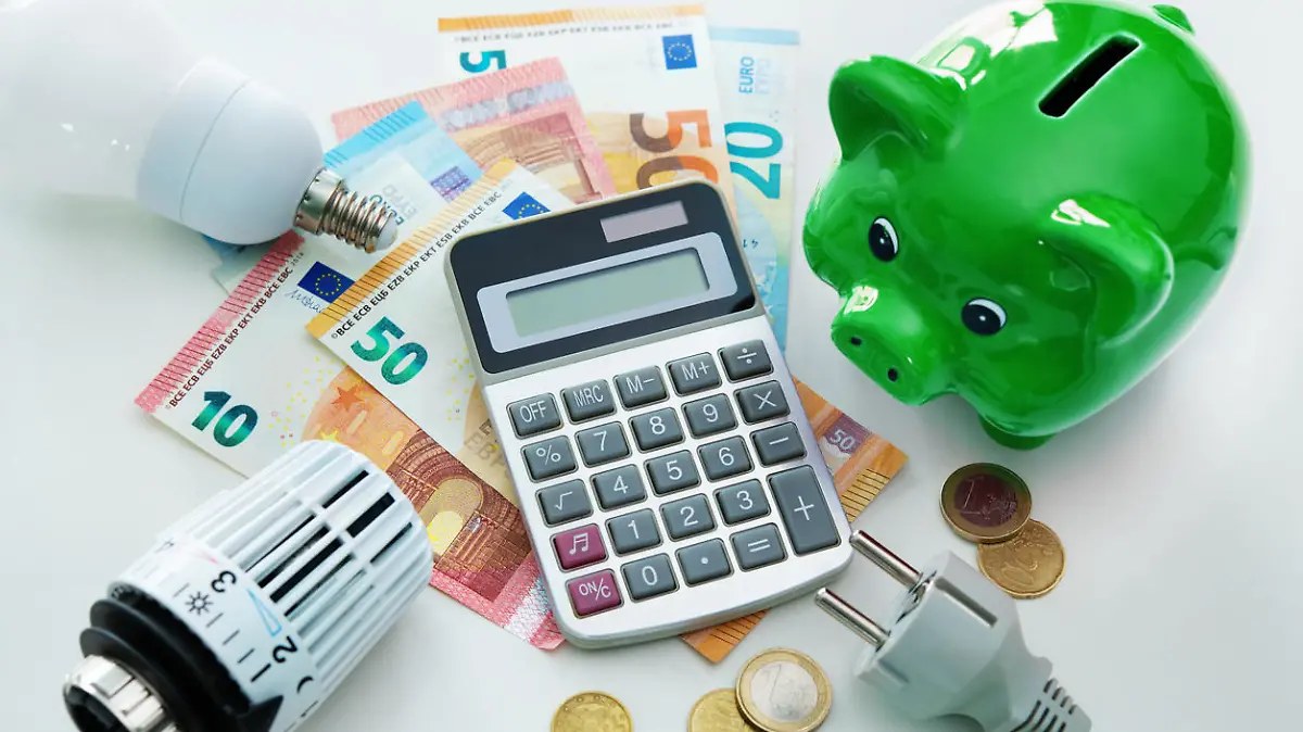 Energy cost, saving energy concept. Piggy bank, calculator and money, plug, bulb and radiator thermostat on white background