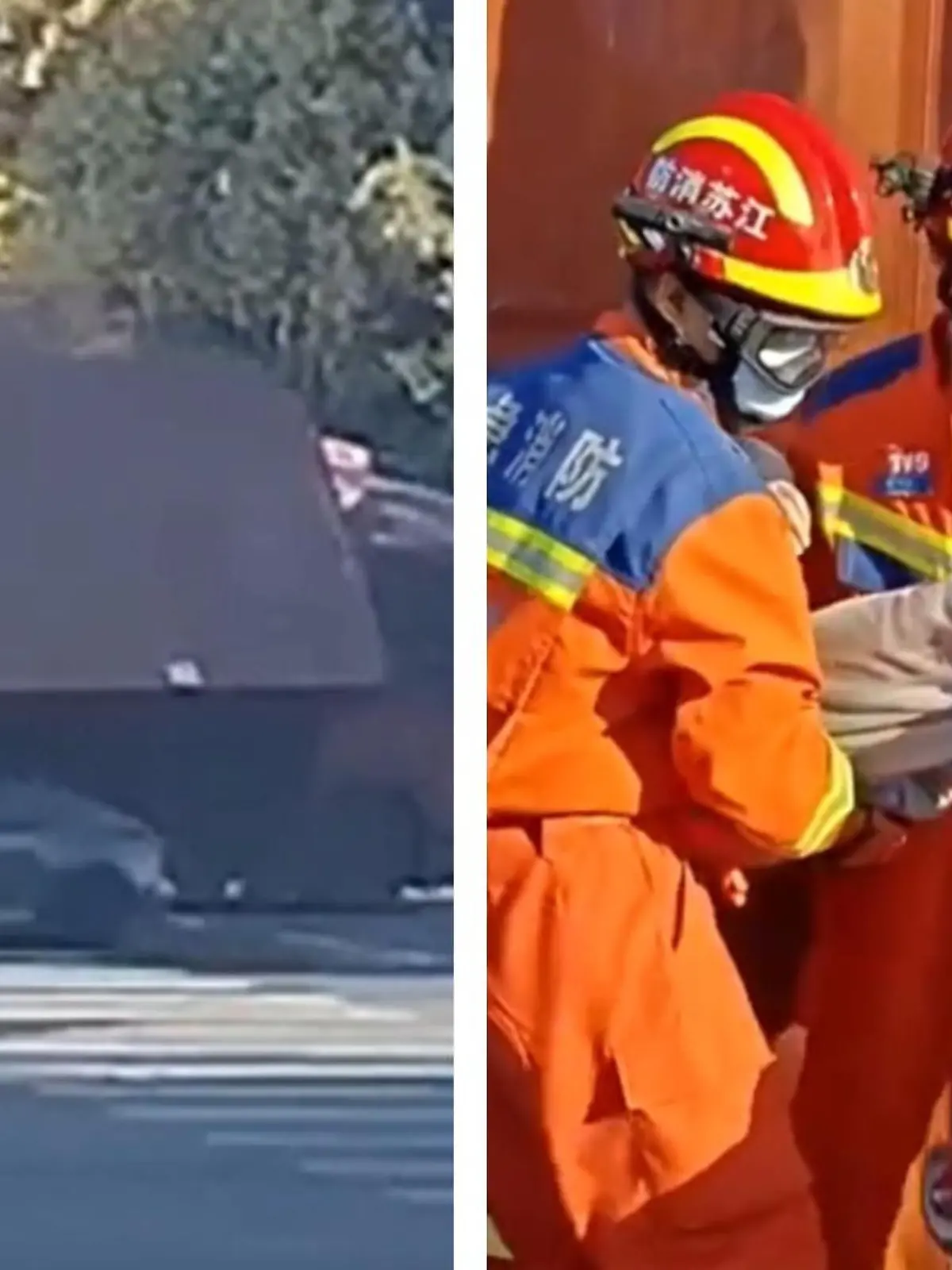 In Suzhou (China) fährt ein Lastwagen offenbar zu schnell in eine Linkskurve. Der geladene Container fällt anschließend auf ein entgegenkommendes Auto - und zerquetscht es. Was die Horror-Bilder der Überwachungskamera nicht vermuten lassen: Die Autoinsassen überleben!
