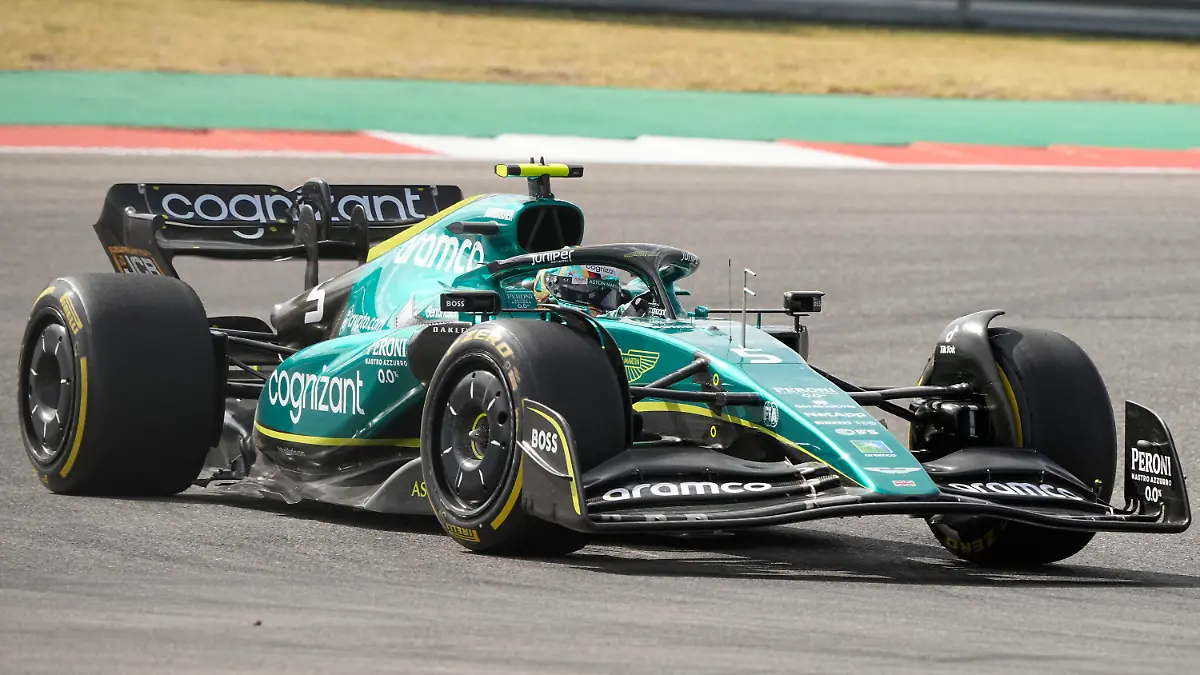 Aston Martin driver Sebastian Vettel, of Germany, moves into Turn 1 during the Formula One U.S. Grand Prix auto race at Circuit of the Americas, Sunday, Oct. 23, 2022, in Austin, Texas. (AP Photo/Eric Gay)