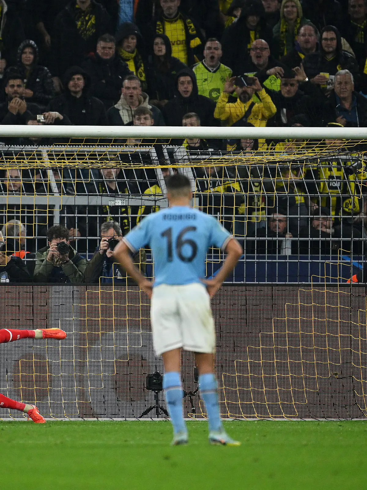 DORTMUND, GERMANY - OCTOBER 25: Riyad Mahrez of Manchester City has a penalty saved by Gregor Kobel of Borussia Dortmund during the UEFA Champions League group G match between Borussia Dortmund and Manchester City at Signal Iduna Park on October 25, 2022 in Dortmund, Germany. (Photo by Matthias Hangst/Getty Images)
