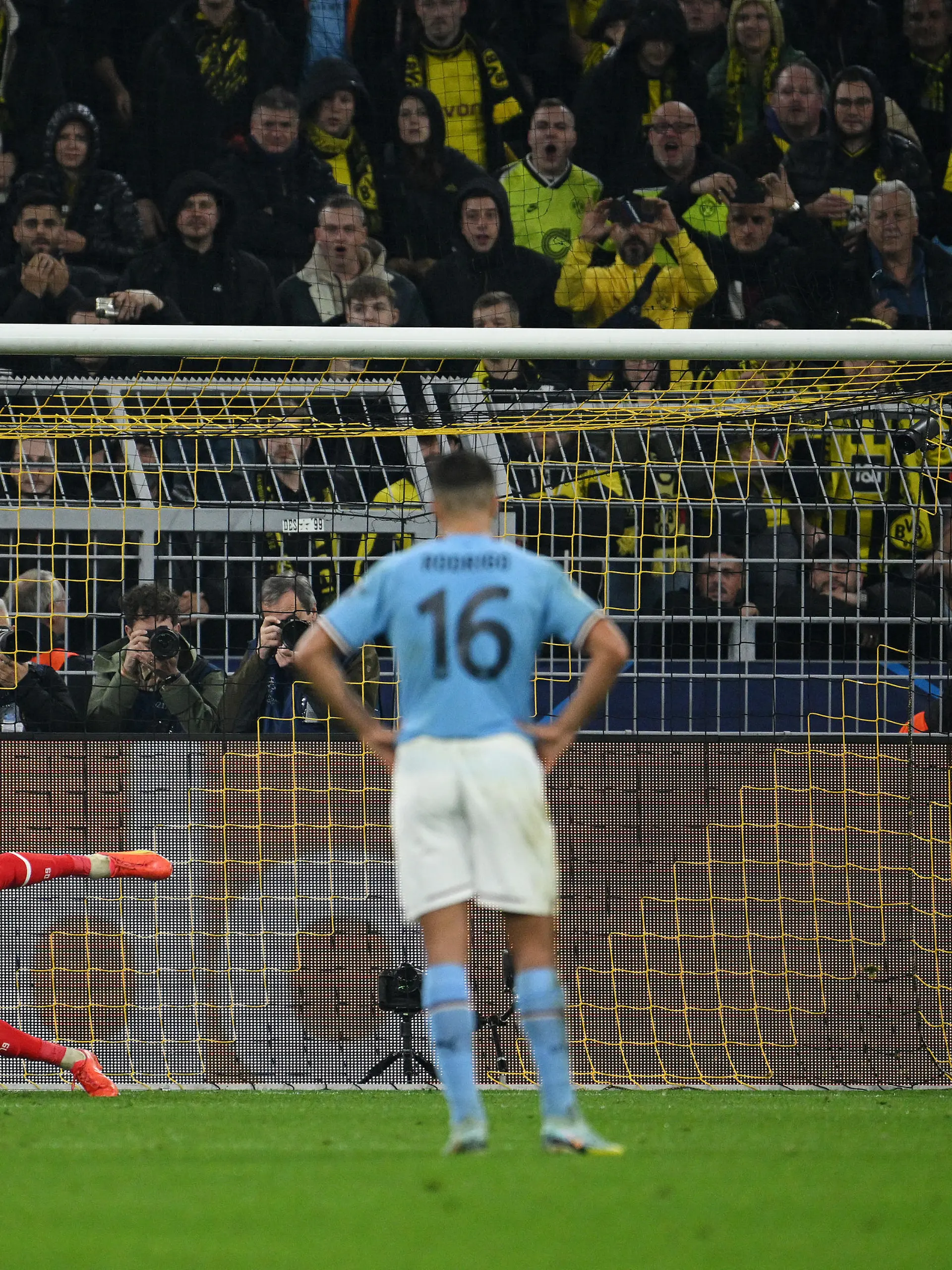 DORTMUND, GERMANY - OCTOBER 25: Riyad Mahrez of Manchester City has a penalty saved by Gregor Kobel of Borussia Dortmund during the UEFA Champions League group G match between Borussia Dortmund and Manchester City at Signal Iduna Park on October 25, 2022 in Dortmund, Germany. (Photo by Matthias Hangst/Getty Images)