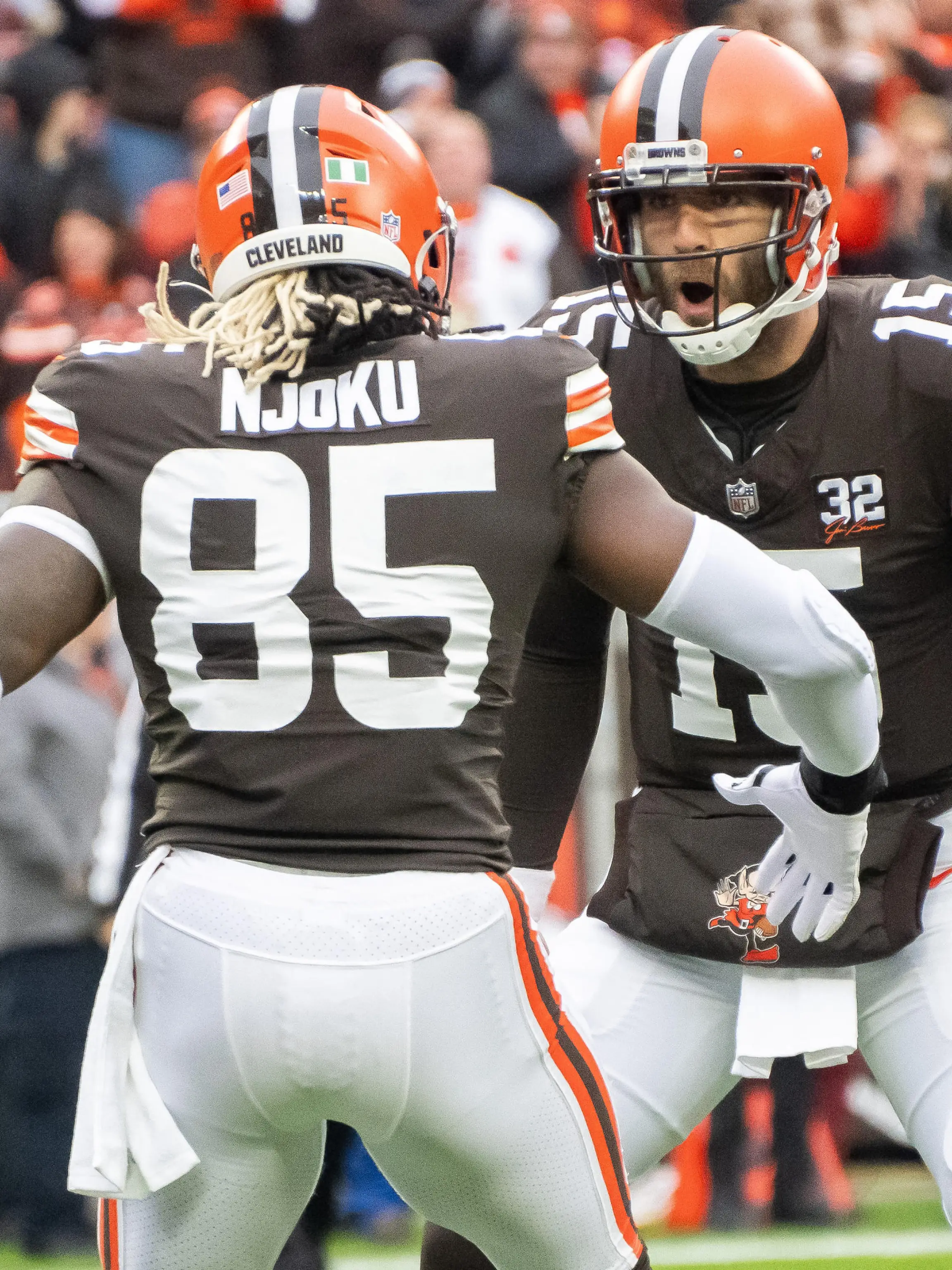 Dec 10, 2023; Cleveland, Ohio, USA; Cleveland Browns quarterback Joe Flacco (15) and tight end David Njoku (85) celebrate after Flacco threw a touchdown to Njoku during the first quarter against the Jacksonville Jaguars at Cleveland Browns Stadium. Mandatory Credit: Ken Blaze-USA TODAY Sports