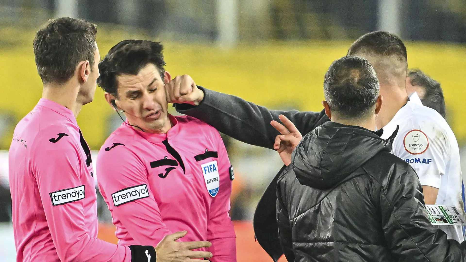 ANKARA, TURKIYE - DECEMBER 11: Faruk Koca, President of MKE Ankaragucu throws a punch to the referee Halil Umut Meler after the Turkish Super Lig week 15 soccer match between MKE Ankaragucu and Rizespor at Eryaman Stadium in Ankara, Turkiye on December 11, 2023. The match ended 1-1. (Photo by Emin Sansar/Anadolu via Getty Images)