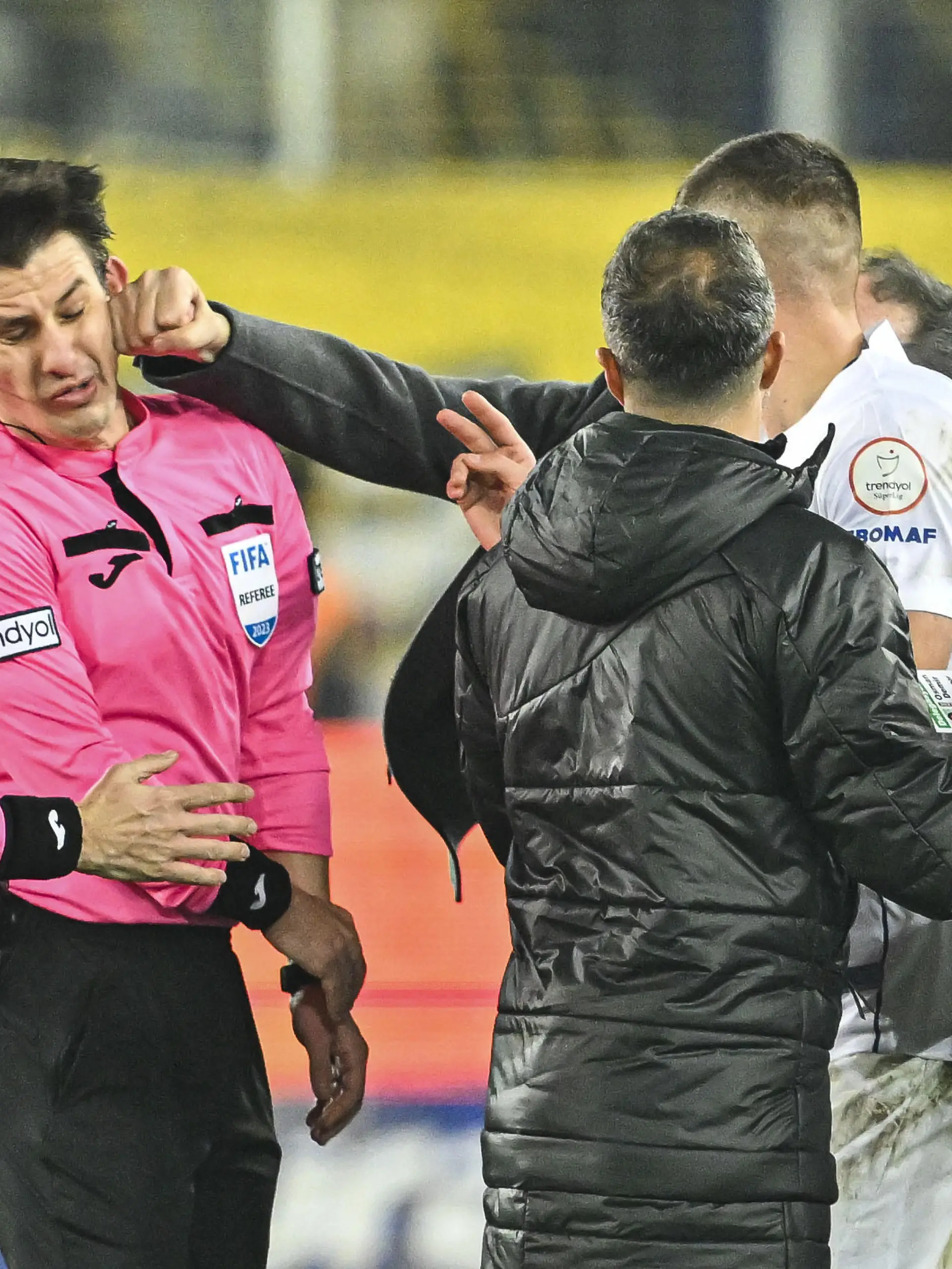 ANKARA, TURKIYE - DECEMBER 11: Faruk Koca, President of MKE Ankaragucu throws a punch to the referee Halil Umut Meler after the Turkish Super Lig week 15 soccer match between MKE Ankaragucu and Rizespor at Eryaman Stadium in Ankara, Turkiye on December 11, 2023. The match ended 1-1. (Photo by Emin Sansar/Anadolu via Getty Images)