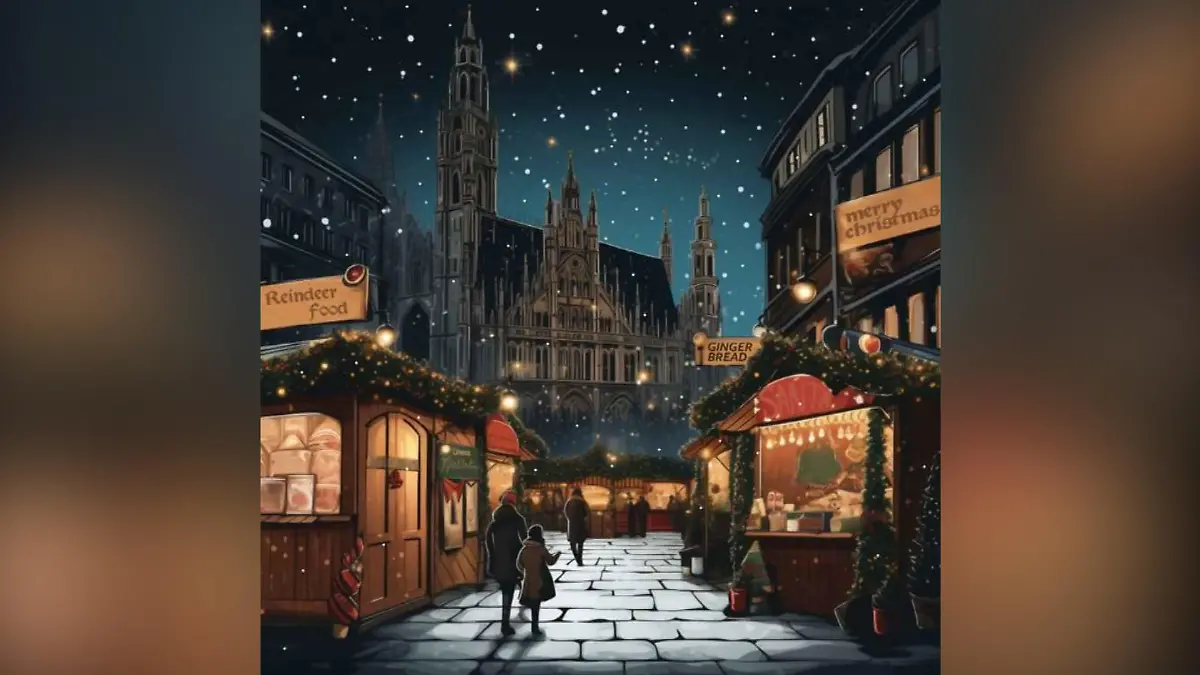 Ein Gemälde eines Weihnachtsmarktes, auf dem es schneit.