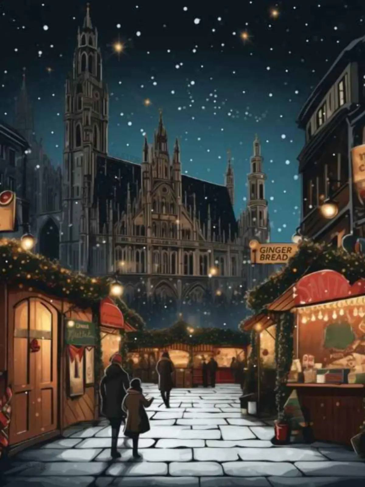 Ein Gemälde eines Weihnachtsmarktes, auf dem es schneit.