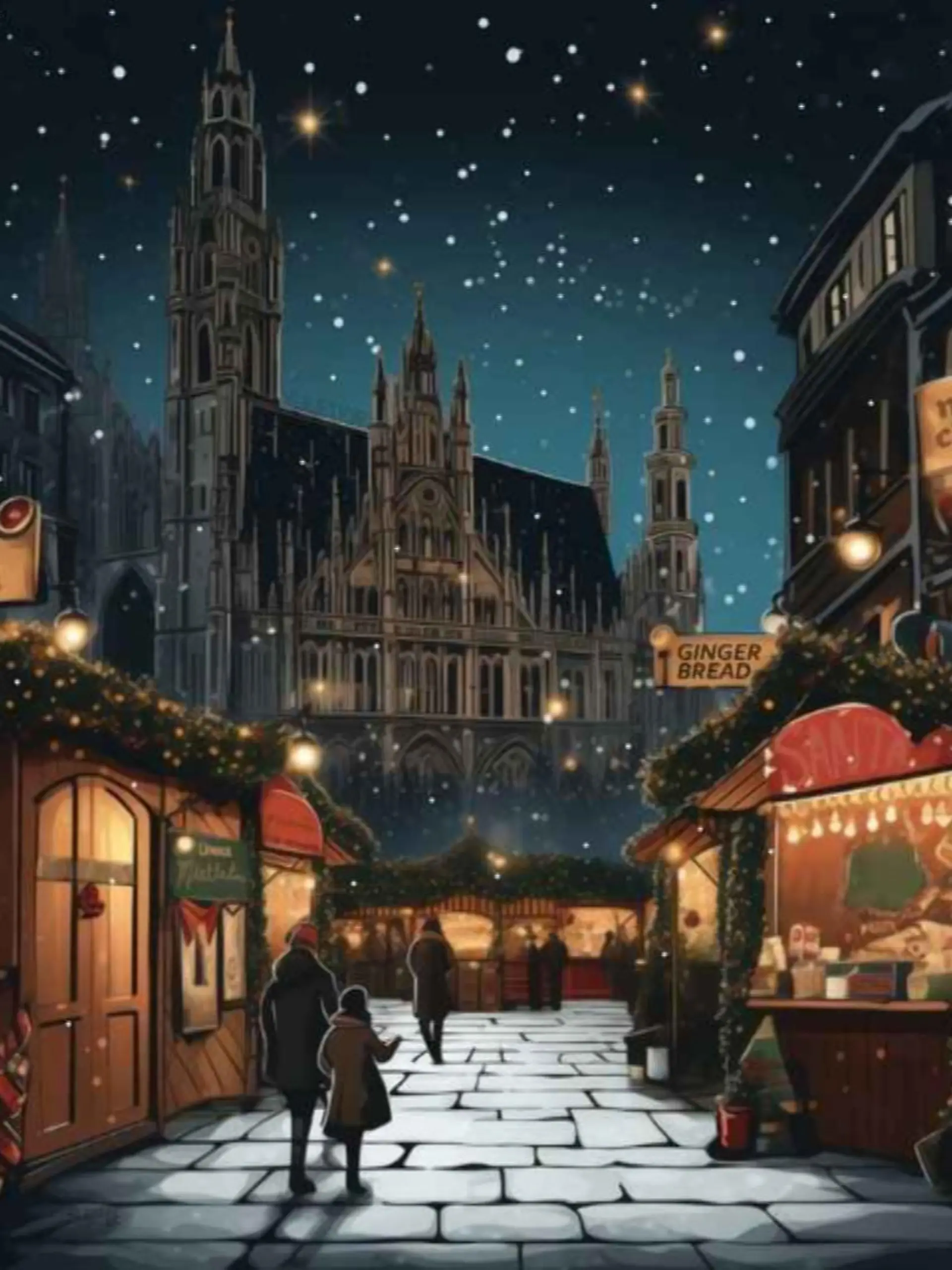 Ein Gemälde eines Weihnachtsmarktes, auf dem es schneit.