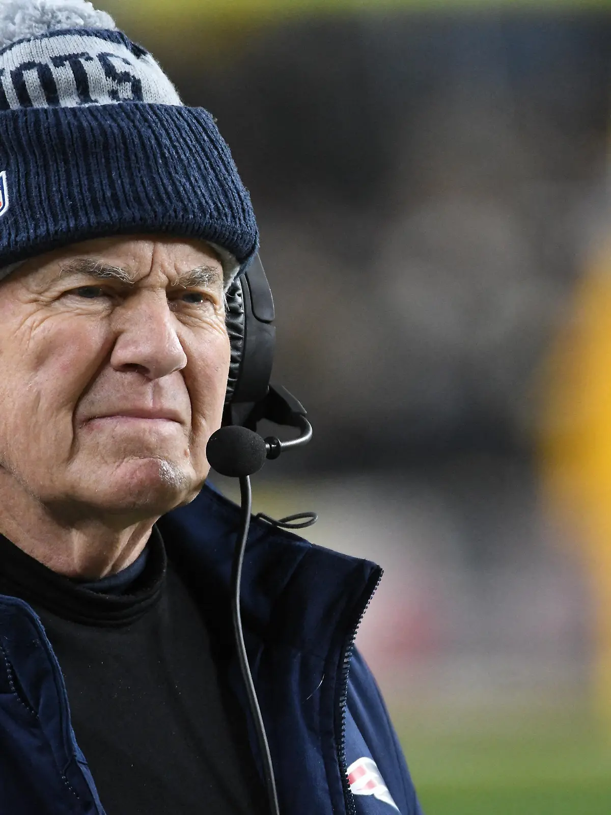 Dec 7, 2023; Pittsburgh, Pennsylvania, USA;  New England Patriots head coach Bill Belichick walks the sidelines against the Pittsburgh Steelers during the fourth quarter at Acrisure Stadium. Mandatory Credit: Philip G. Pavely-USA TODAY Sports
