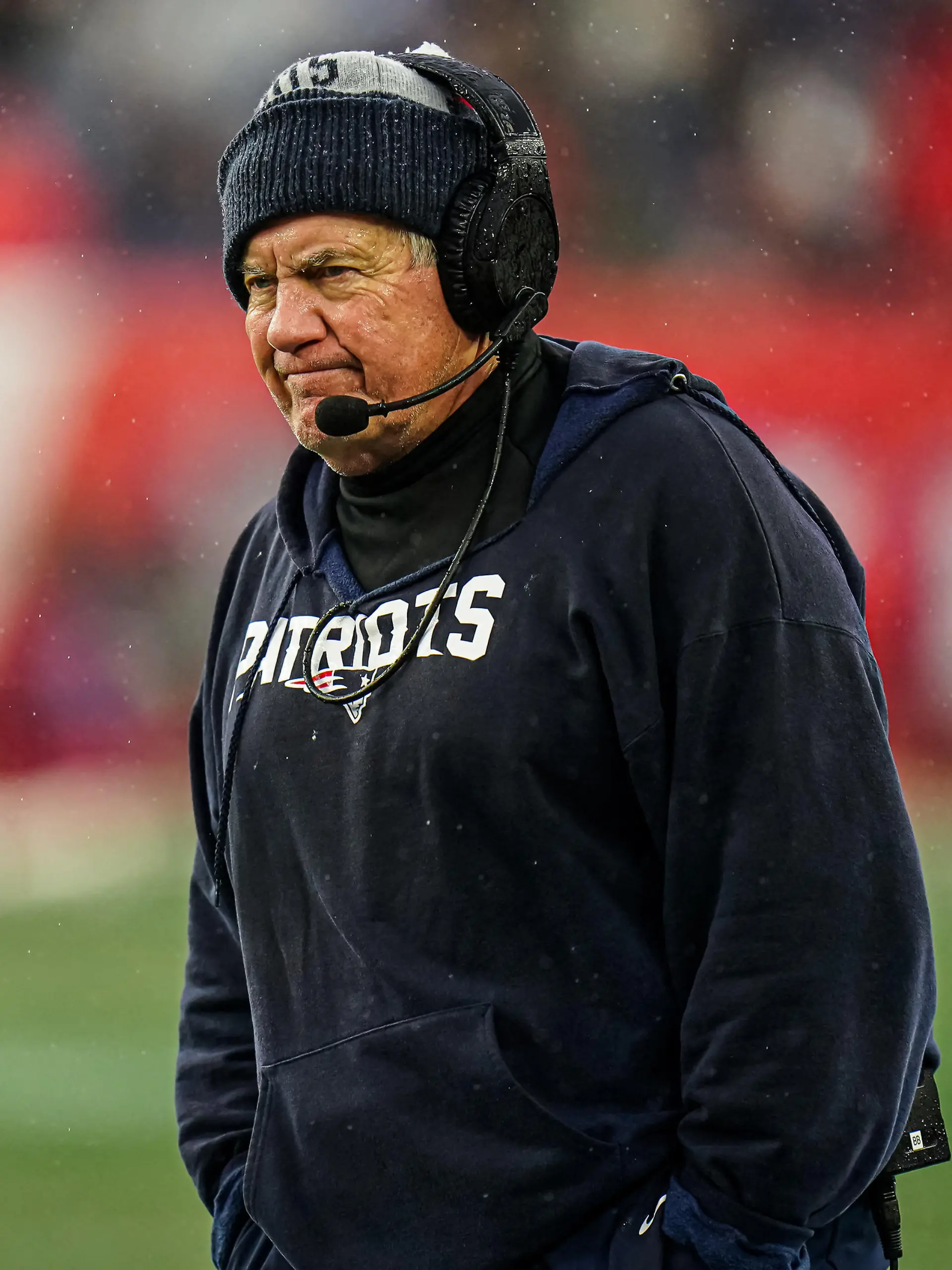 Dec 3, 2023; Foxborough, Massachusetts, USA; New England Patriots head coach Bill Belichick watches from the sideline as they take on the Los Angeles Chargers at Gillette Stadium. Mandatory Credit: David Butler II-USA TODAY Sports
