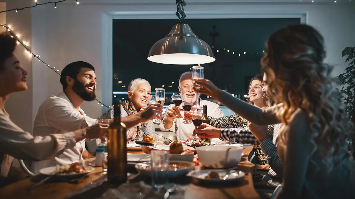 Closeup side view of a family having a Christmas eve dinner. They are having some traditional roast, gravy and vegetables and also some vegetarian food. There are three men and four women at the table having casual conversation.