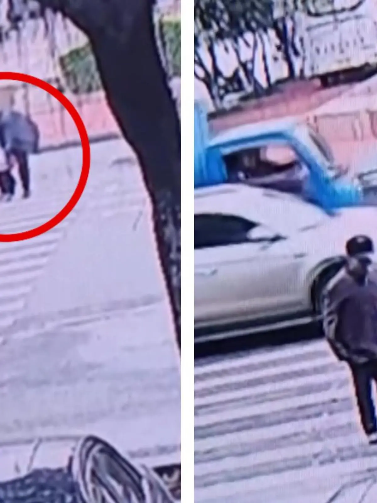Er fällt unbemerkt auf der Straße von seinem Spielzeug-Auto! Eine ältere Frau geht mit einem Jungen über einen Zebrastreifen, es ist offenbar ihr Enkel. Als er mitten auf der Straße zurückbleibt, reagiert ein Passant schnell – und rettet den Jungen von der Straße.