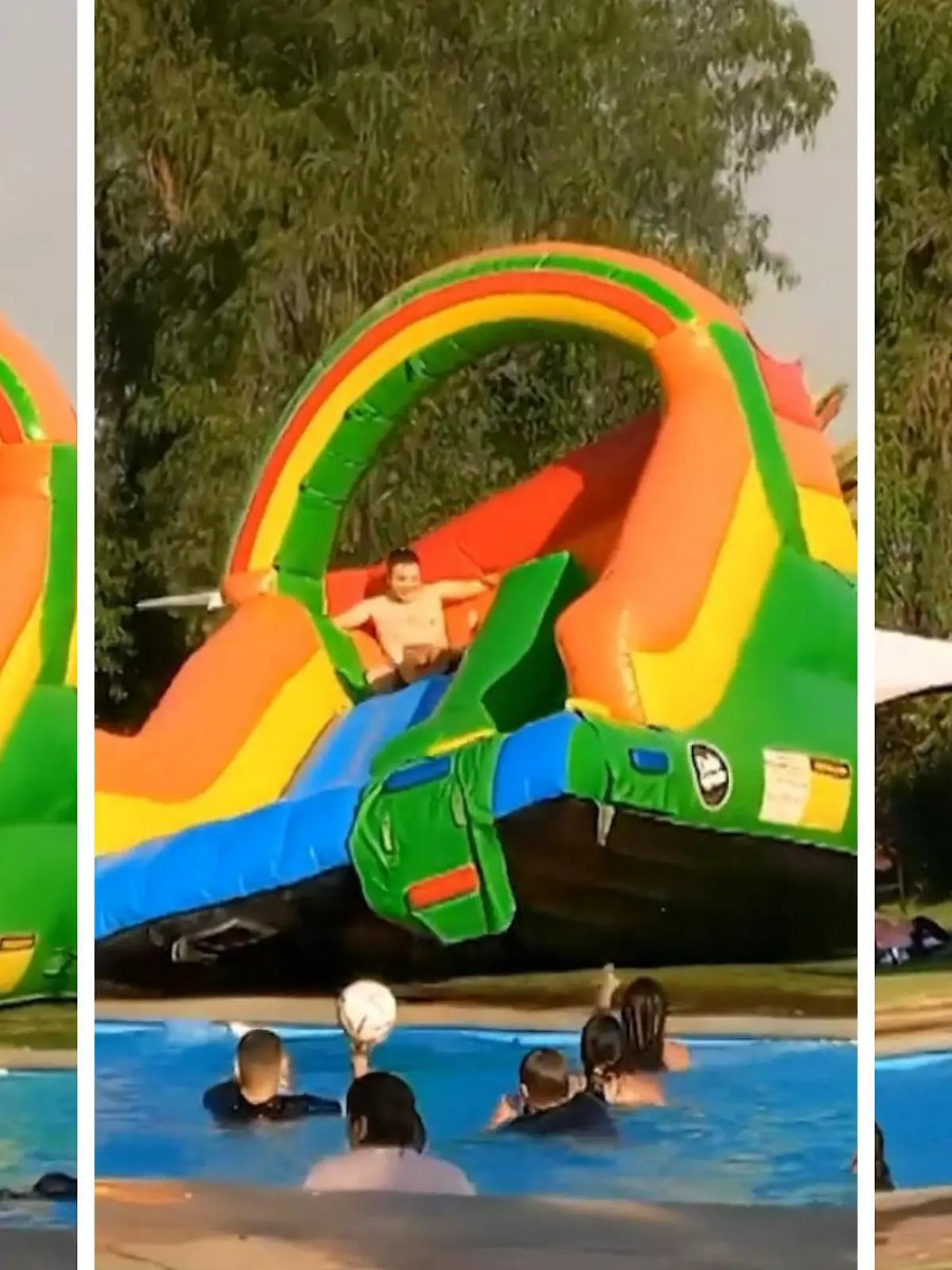 Zwei Männer probieren eine aufblasbare Rutsche aus. Dass sie aber nicht wie geplant im Pool landen, hätten sie wohl nicht gedacht.