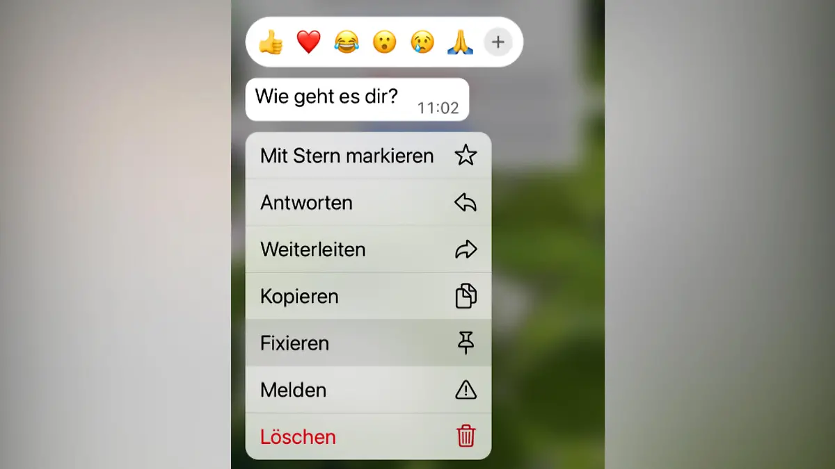 Ein Whatsapp-Chatverlauf mit dem Pop-Up-Menü. "Fixieren" wird angeklickt.