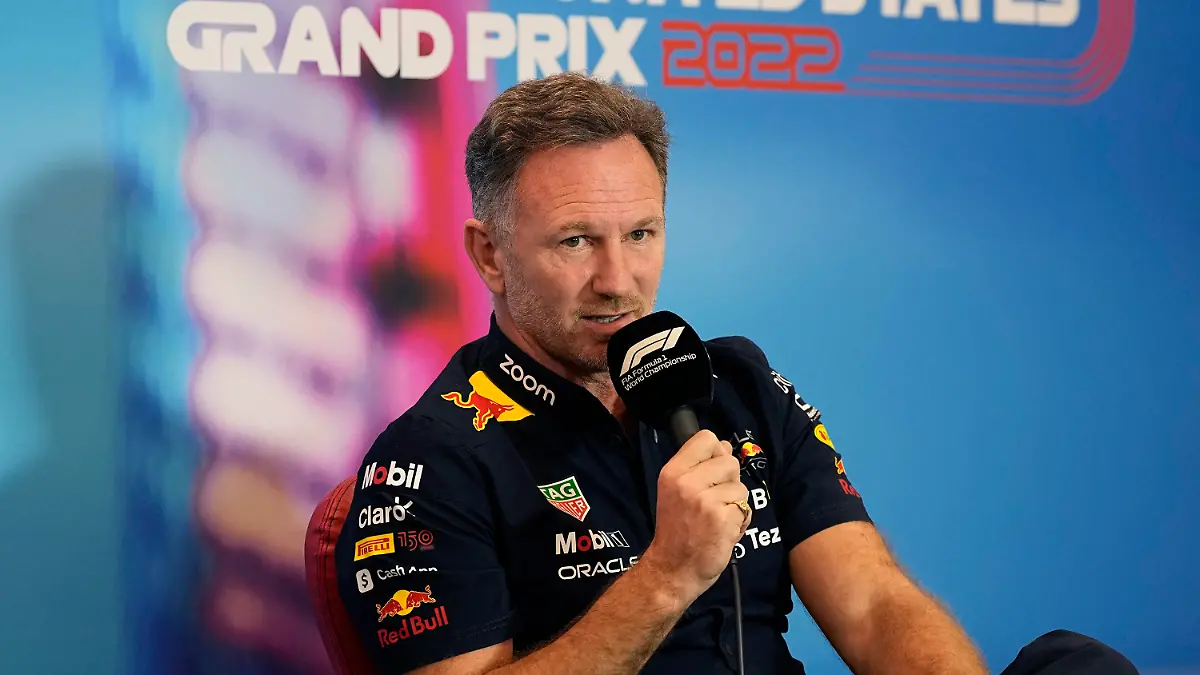 Red Bull team principal Christian Horner speaks during a news conference at the Formula One U.S. Grand Prix auto race at Circuit of the Americas, Saturday, Oct. 22, 2022, in Austin, Texas. (AP Photo/Eric Gay)
