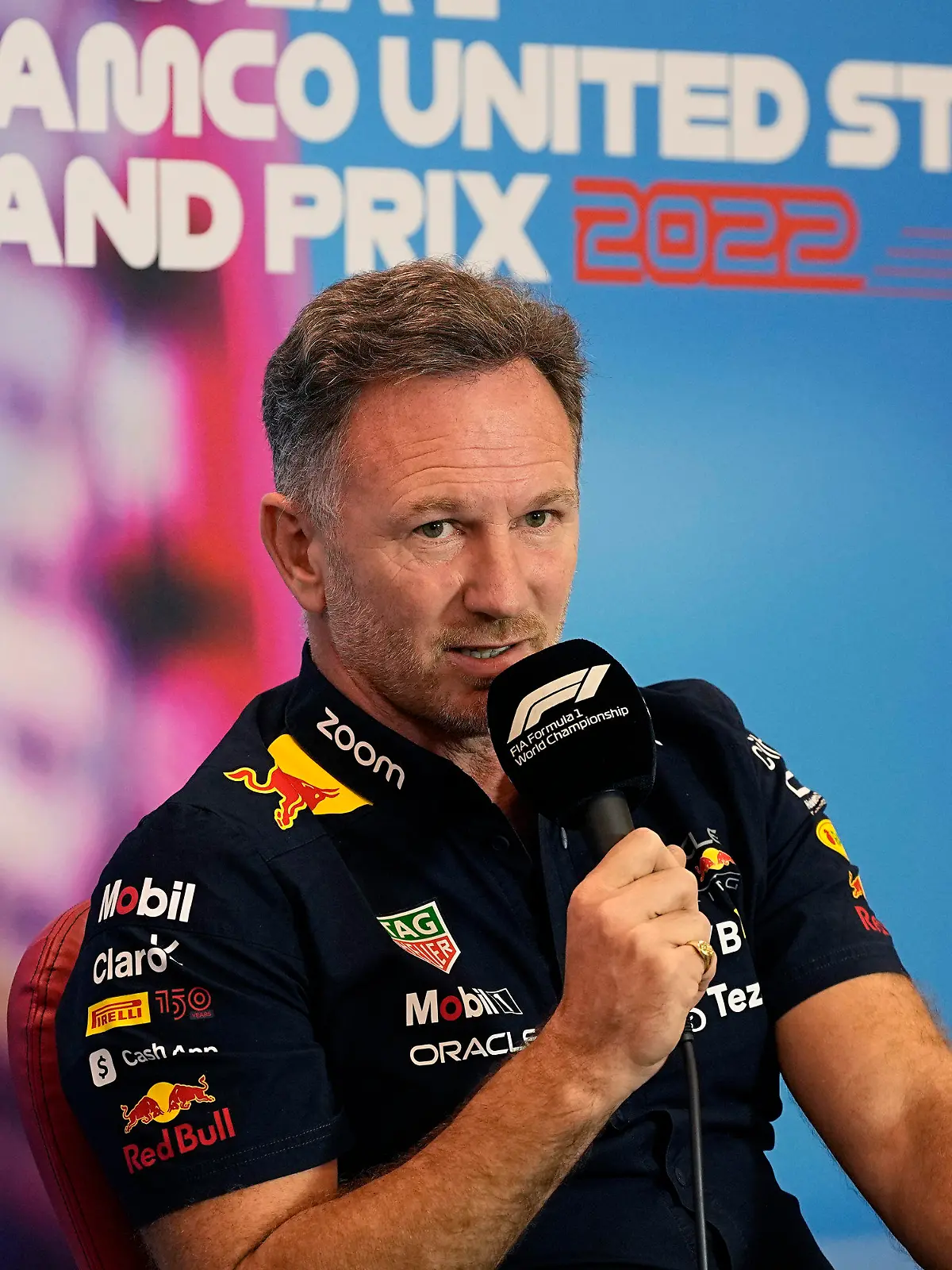 Red Bull team principal Christian Horner speaks during a news conference at the Formula One U.S. Grand Prix auto race at Circuit of the Americas, Saturday, Oct. 22, 2022, in Austin, Texas. (AP Photo/Eric Gay)